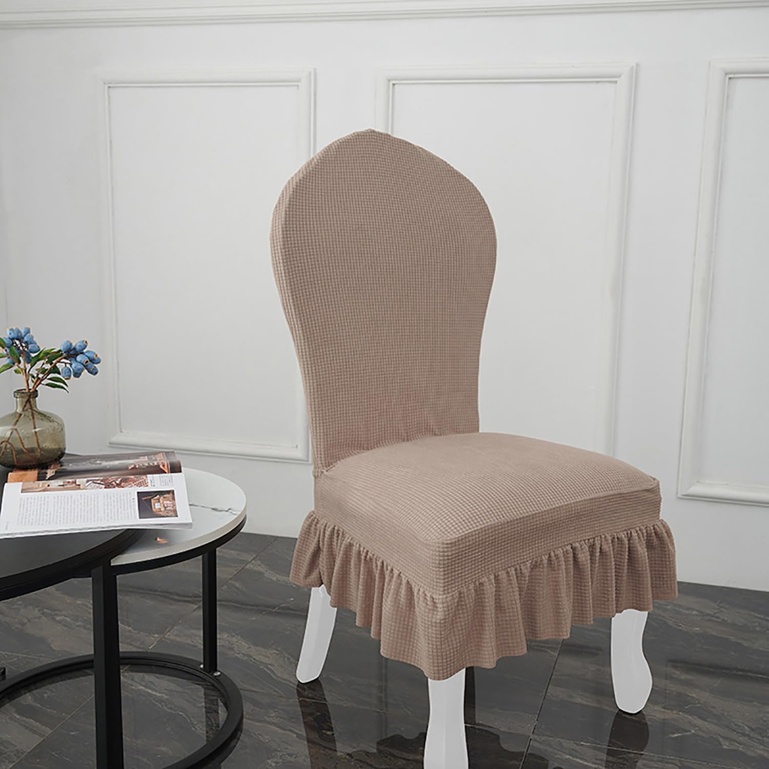 Khaki Chair Covers with Skirt for Dining Room Set of 4, Universal Stretch Round Back Chair Covers, Removable Parsons Chair Slipcover Dustproof for Kitchen Wedding Party Banquet PTC33E