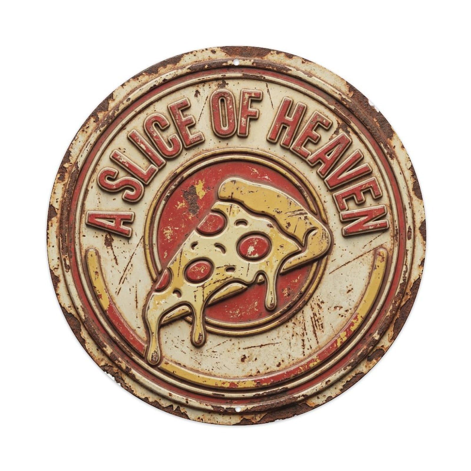 Pizza Slice Heaven Nostalgic Hanging Ornament Retro Slogans Vintage Metal Tin Sign Plaque Wall Decor for Cafe, Club, Garden Round Metal Poster 8x8Inch