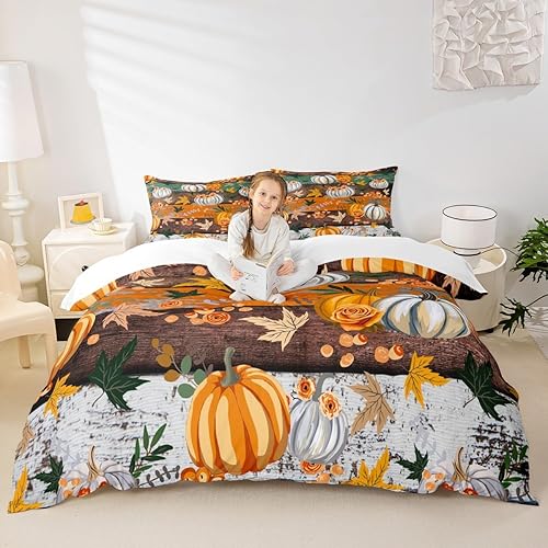 Juego de funda de edredón para niños con diseño de calabaza otoñal, tamaño King, juego de ropa de cama rústica con tablones de madera, decoración de