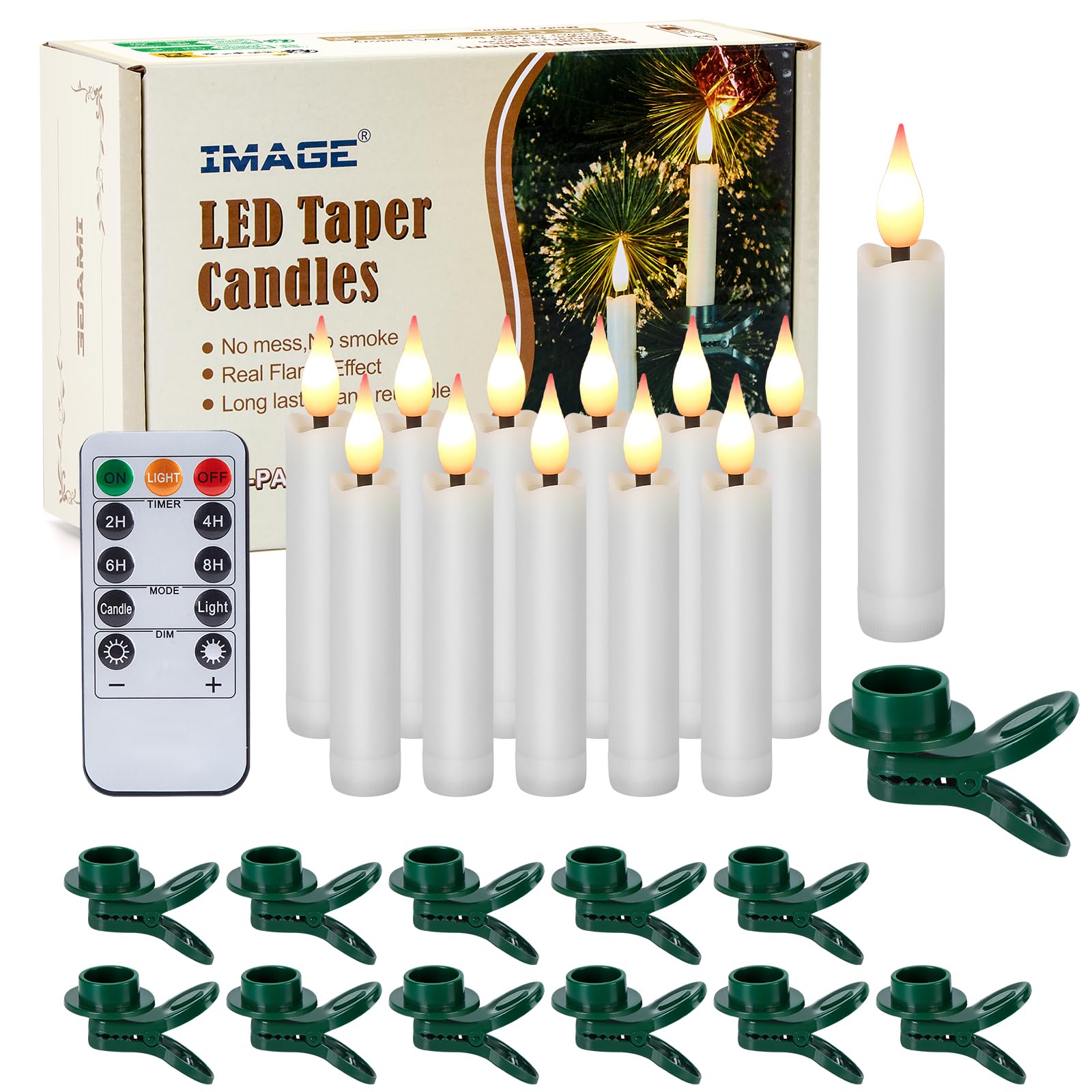 IMAGE LED Taper Candles Light Set Battery Operated Floating Candles Flameless 3D Wick Ivory Candles with Clip-on, 10-Key Remote with Timer, Party Table Christmas Tree Deco, Warm White Light (12) — image 1