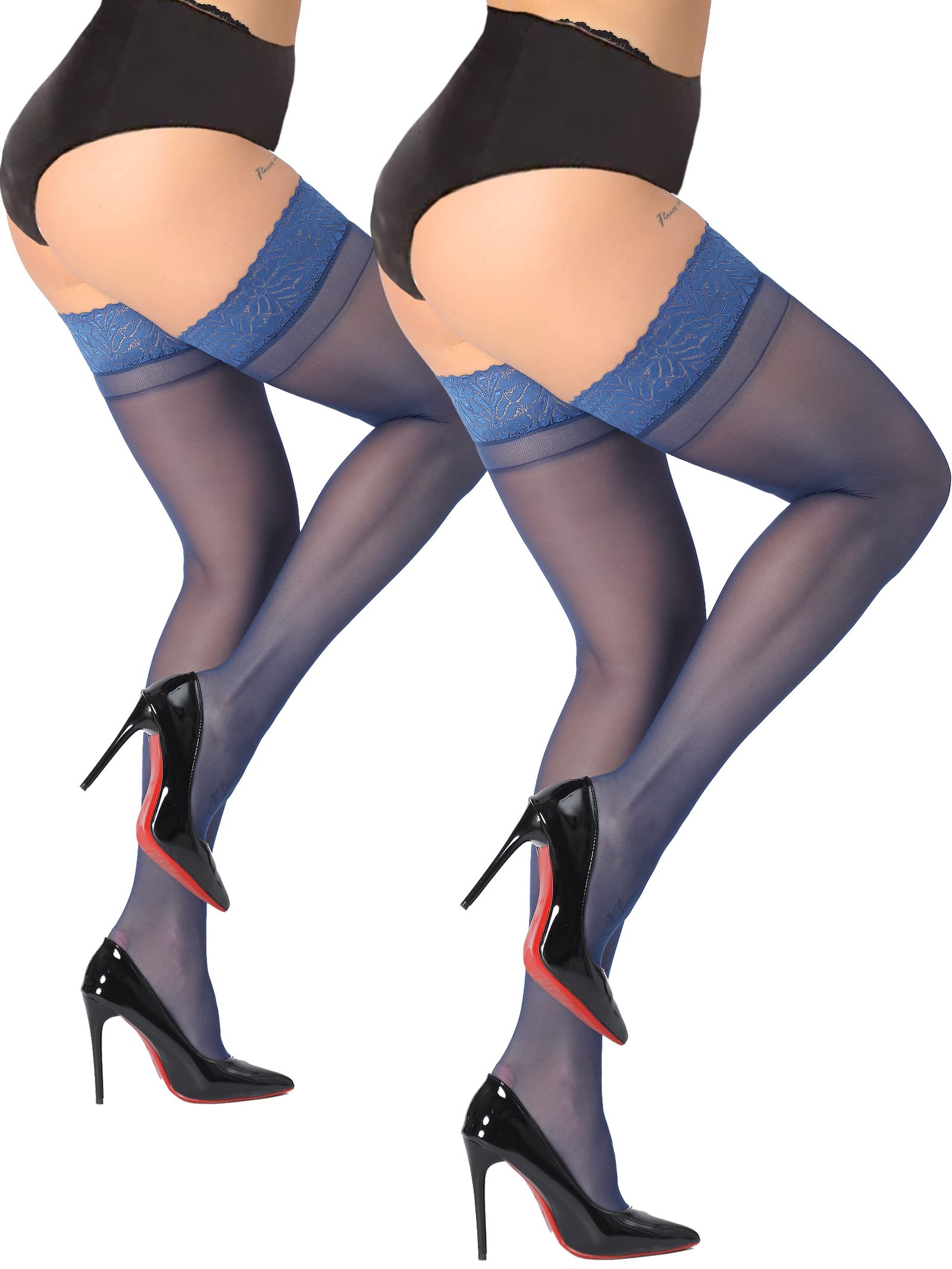 DancMolly Lace Thigh High Stockings, 2 Pairs Women's Rich Colors Silky Sheer Anti-Slip Silicone Pantyhose