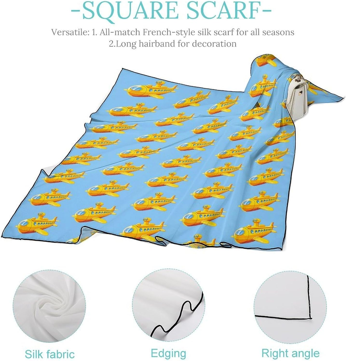 Funny Submarine Silk-Like Square Scarf for Women Vintage Printed Neck Scarf Bandanas Hair Scarves