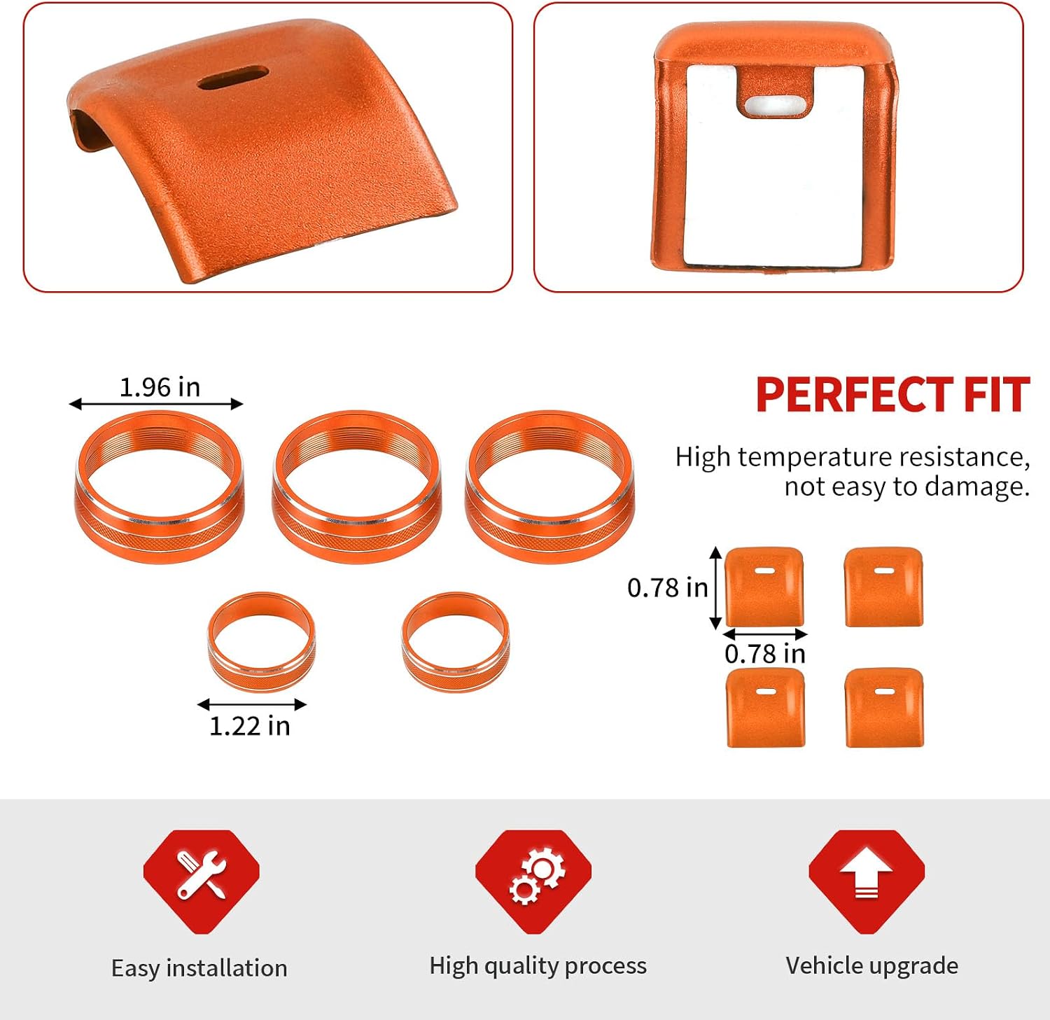 Jimen Fit for Jeep Wrangler JK JKU 2012-2018, 9PCS Center Console AC Air Conditioner Control Knob Trim & Radio Volume Knob Ring & Window Switch Button Cover (Orange)