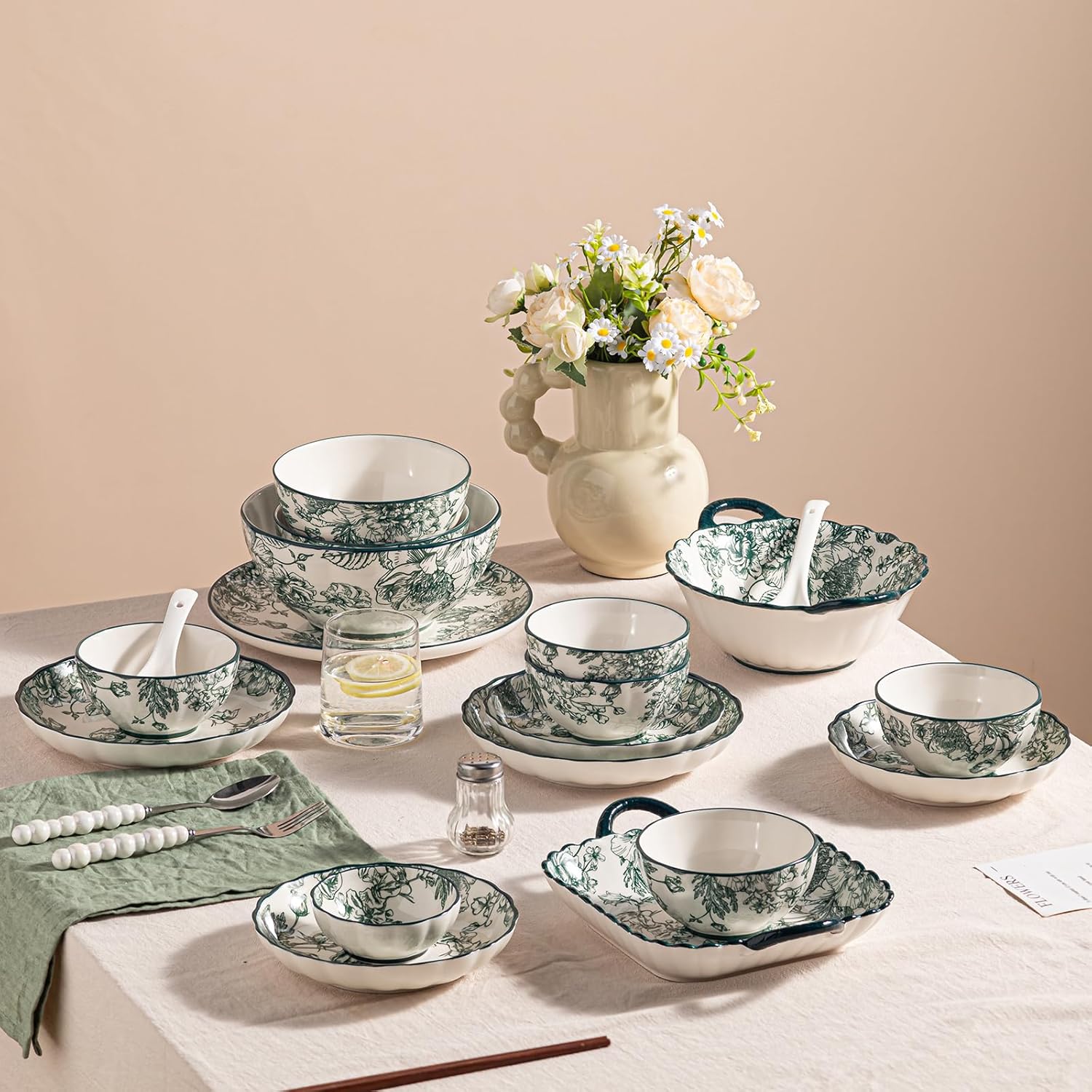 48-Piece Ceramic Dinnerware Set, Service for 8, Vintage Green Rose Floral Plates and Bowls Sets, Microwave & Dishwasher Safe, Porcelain Dinnerware Set for Kitchen & Dining