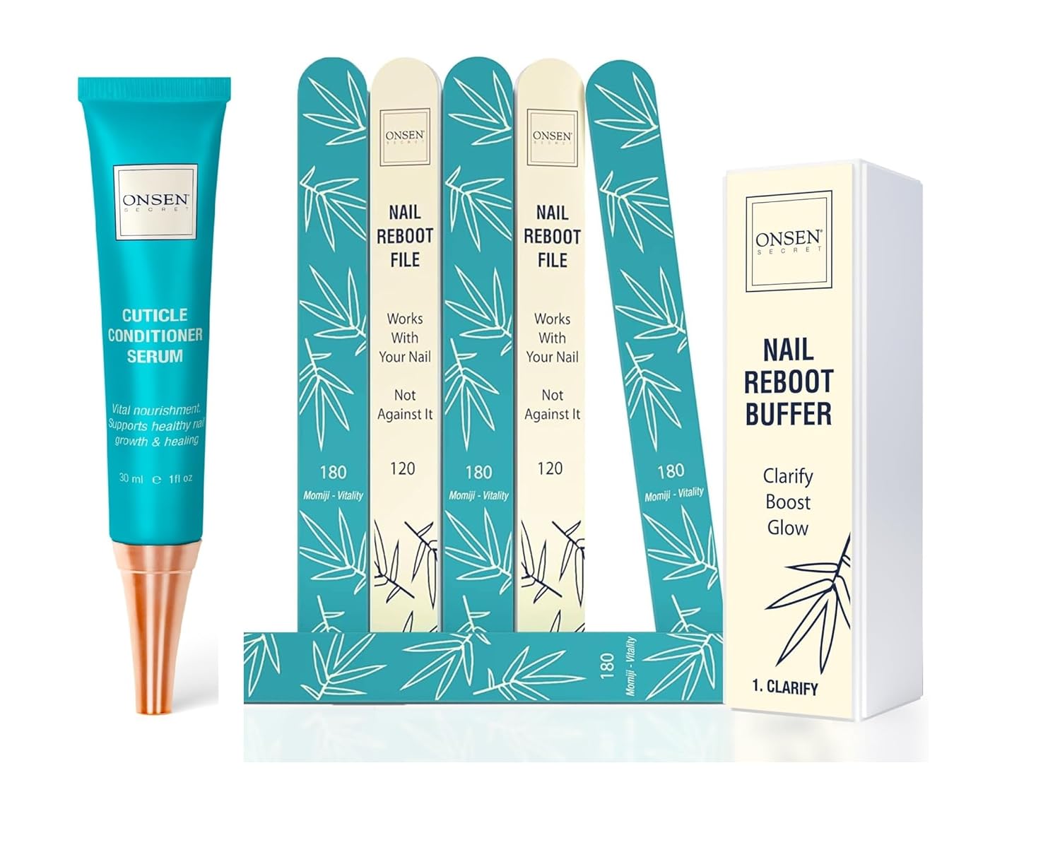 Onsen Secret Cuticle Conditioner Cream 30ml, 3 Way Japanese Nail Buffer Block, 6pcs Nail File Dual Grit. Cuticle Oil Nail Care Serum Sooth, Repair & Strengthen Cuticles & Nails + Shape & Shine Kit