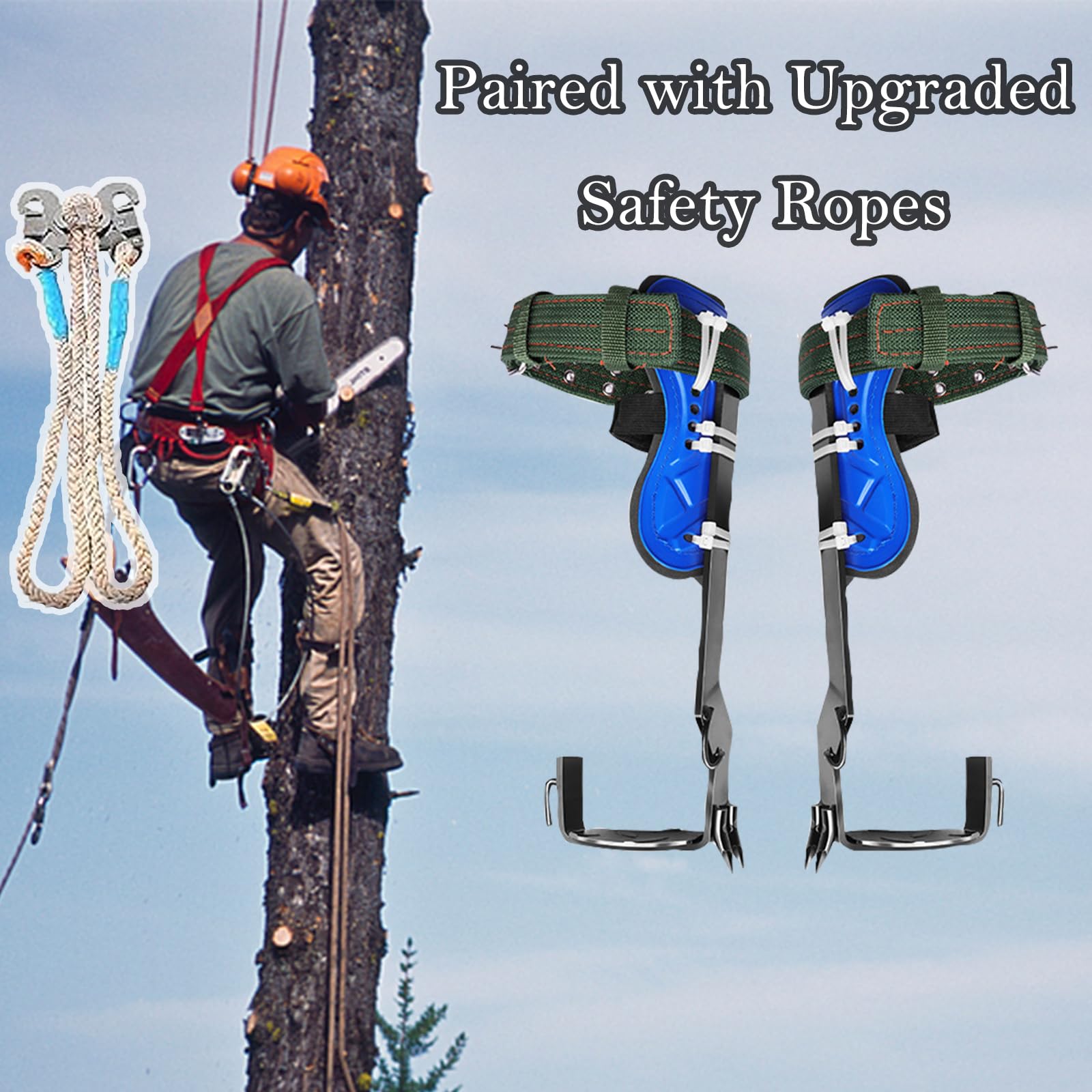 Kit Complet d’Escalade sur Arbre, Griffes d’Élagage à Double Dents Trempées, Baudrier d’Élagage Ajustable + Corde de Sécurité 3M, Crampons d’Arboriculture pour Élagage