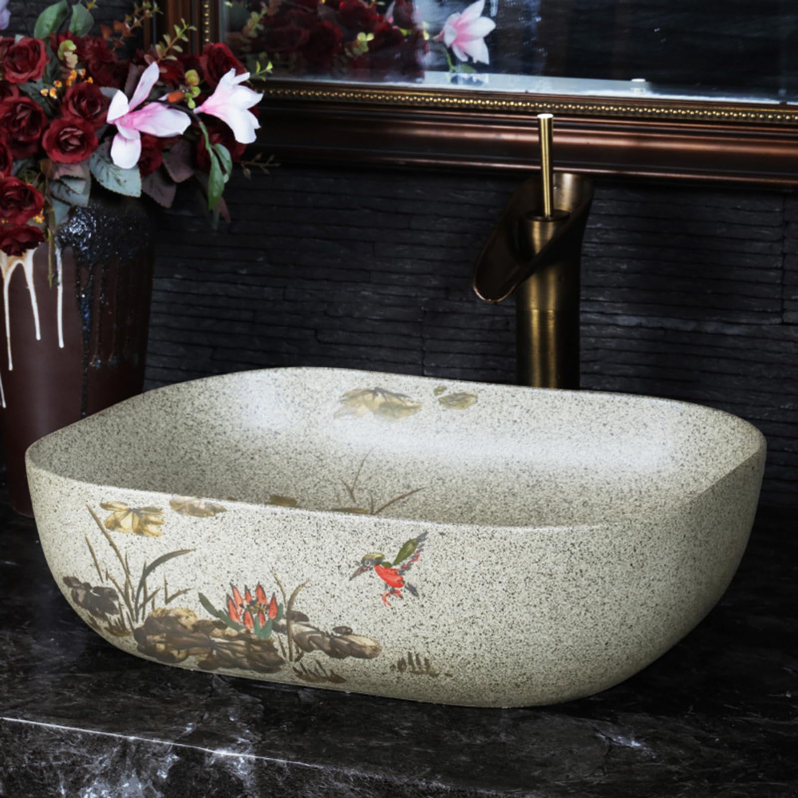 Aioneer Bathroom Sink For Coutertop,Bathroom Vessel Sink Countertop Rectangular Ceramic Vessel Washbasin For Lavatory Bathroom Bathroom Sinks With Faucets Combo