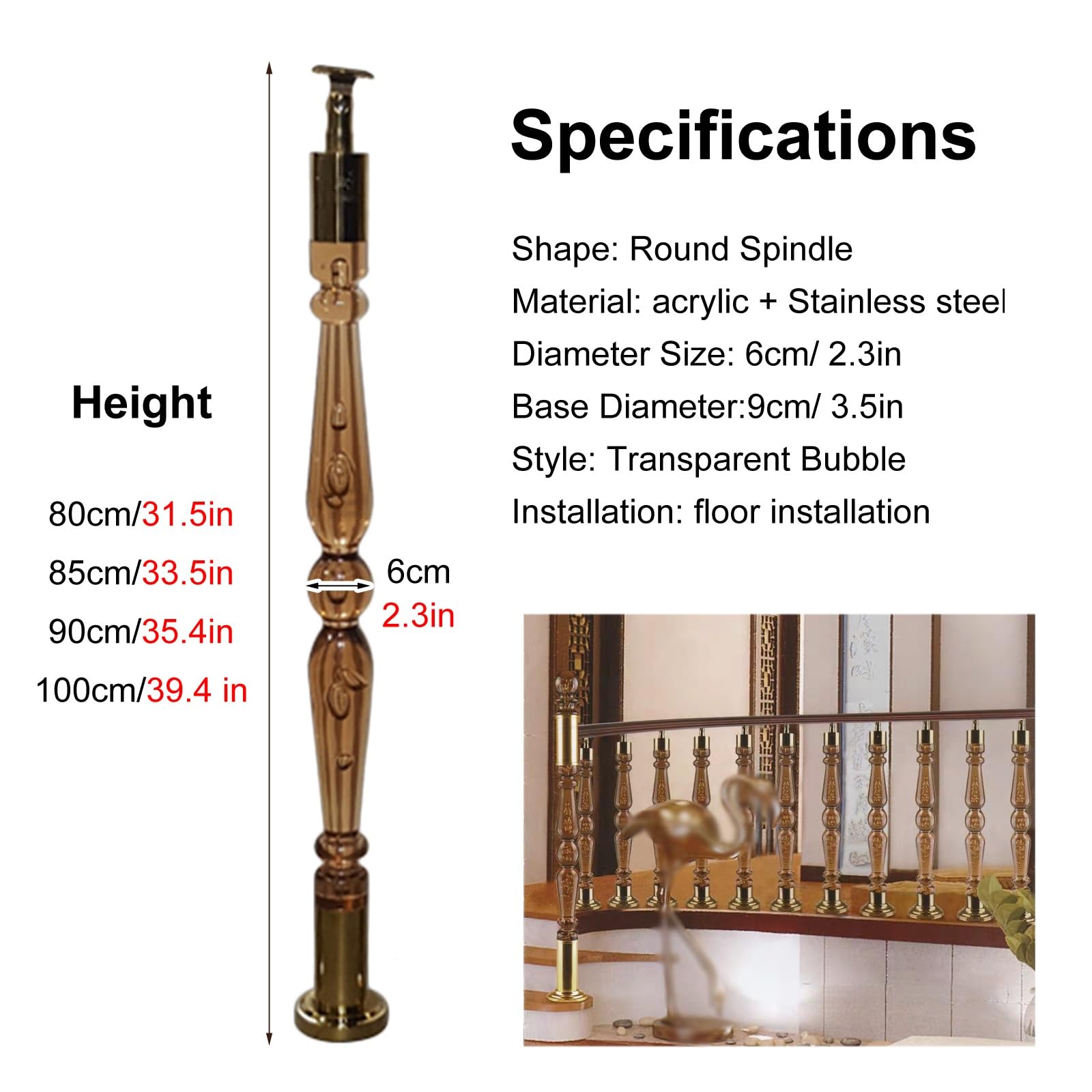 Paletti per balaustre di scale Balaustre in cristallo acrilico, staffe regolabili in acciaio inossidabile, diverse misure(1 Pack,90cm/35.4intall)
