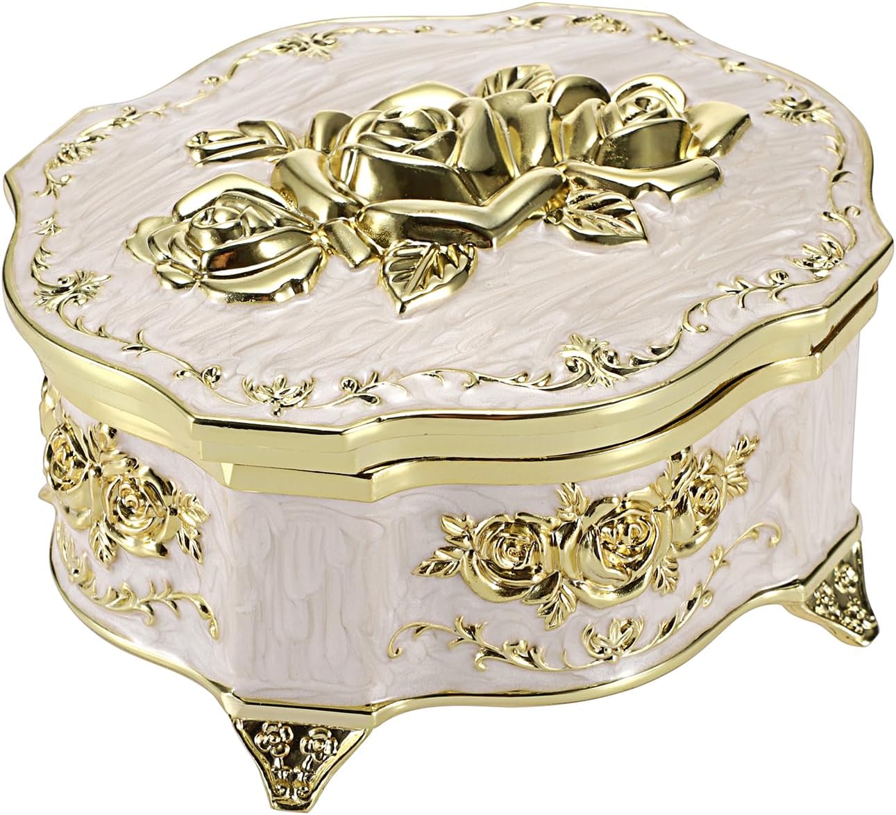 ELLDOO Vintage Music Box, Beige Metal Musical Jewelry Box Keepsake Box, Small Trinket Storage Organizer Jewelry Storage Box Gift for Girl Women (Tune: You are My Sunshine)