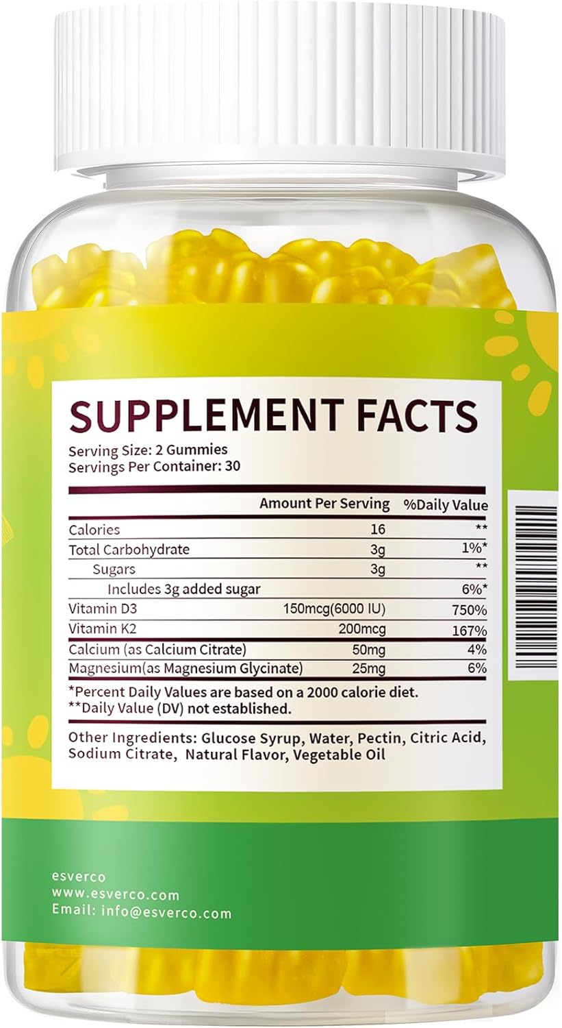 Vitamin D3 K2 Gummies, High Absorption 6000 IU D3 + 200mcg K2 (MK-7) with Calcium & Magnesium Glycinate, Extra Strength for Bone, Teeth & Immune Support, Pineapple Flavor, 2-Pack, 120 Count