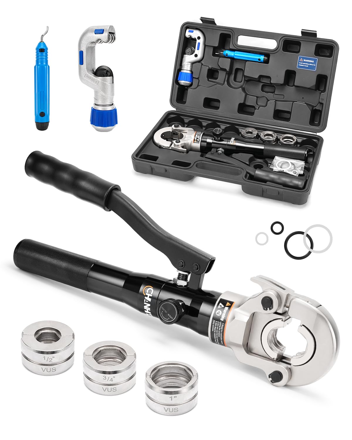 Photo 1 of CHANHYD Copper Pipe Crimping Tool Copper Pipe Press Crimper Pressing Pliers,Hydraulic Driven Press Tool with 1/2", 3/4", 1" Jaws with Pipe Cutter Copper Tube Fittings Pipe Crimpers