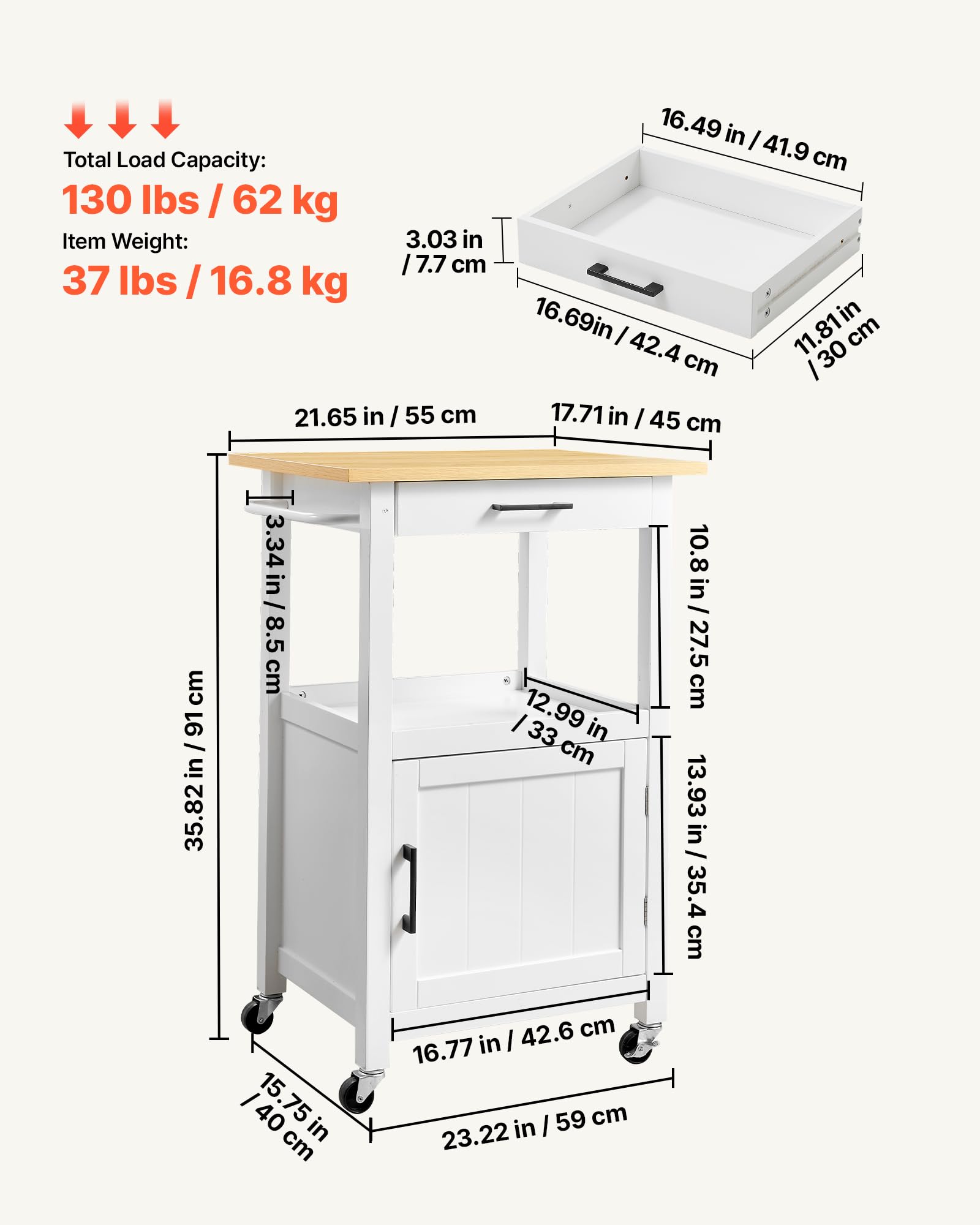 VEVOR Carrello da Cucina Anta Singola Cassetto per Sala da Pranzo Bianco | Mobiletto Portaoggetti, Portasciugamani, Ganci, Tavolo Portautensili con 4 Ruote, Piccola Stazione da Caffè, Salotto, Ufficio