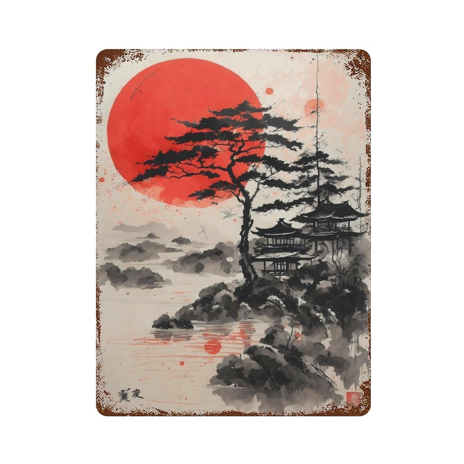 Red Sun Pagoda Vintage Wall Sign 15.7"x11.8", Rust Effect Metal Decor for Bistro, Counter And Cafe Decor