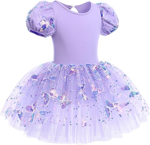 Miniatura 3 de Leotardos de ballet para niñas, 4 colores, mariposa, lentejuelas brillantes, vestido tutú de baile, manga abombada, ojo de cerradura en la espalda,