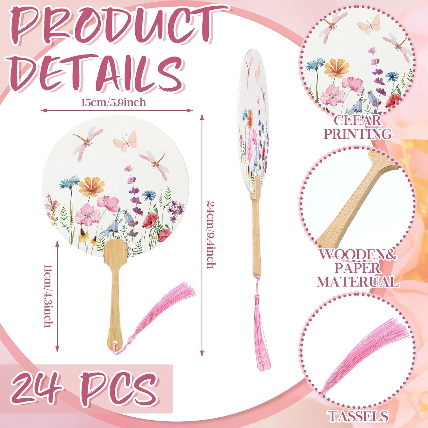 Thyle 24 Pcs Tea Party Favor Fans for Guests Floral Fan with Wood Handle Tassel Paper Round Fan for Women Bridal Shower Line Dancing Wedding Party