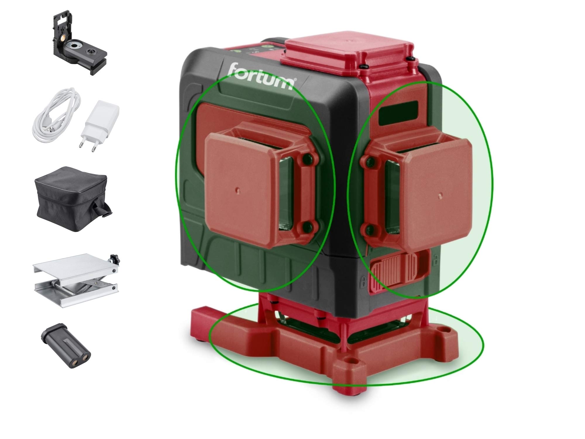 Laser krzyżowo-liniowy zielony laser 3D (3 x 360 stopni), samopoziomujący, niska pozioma linia, w zestawie moduł mocujący 360° (magnes, śruba, statyw), IP 54, 30 m
