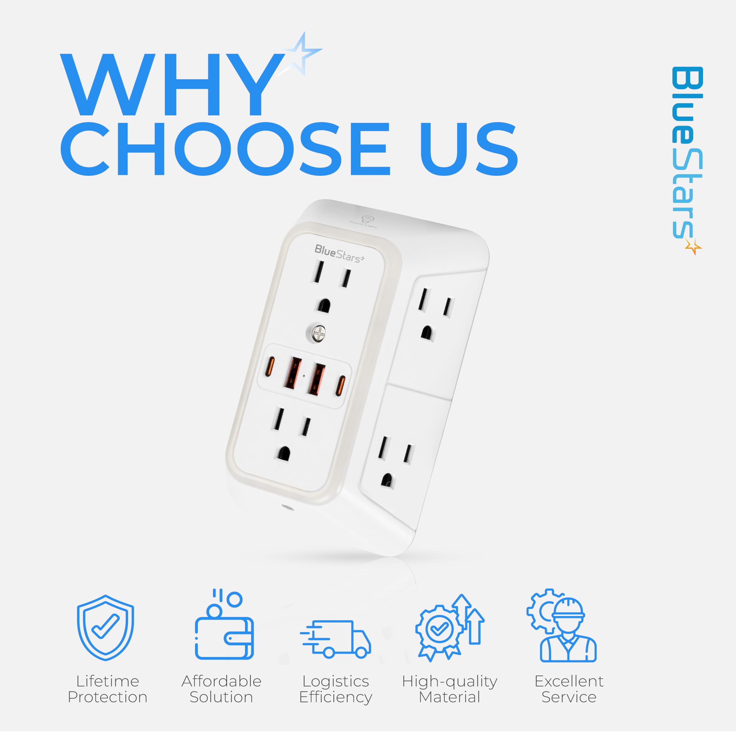Cargador de pared USB con protector de sobretensiones de enchufe múltiple con 4 puertos USB y luz nocturna tira de alimentación de 3 lados con adaptador de tomas espaciadas