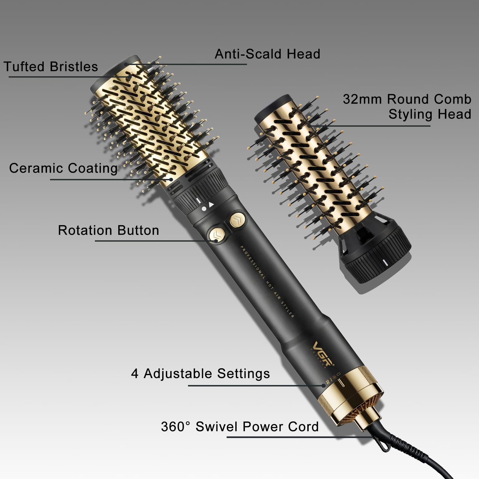 VGR 480 Spazzola Asciugacapelli Rotante 2 in 1 setole 32 mm e 50 mm, Spazzola ad Aria Calda Automatica, Spazzola Elettrica styling capelli 1200 W cavo girevole 360°, Nera