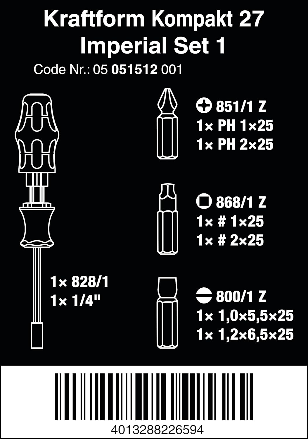 Wera - 05051512001 - Screwdriver with bit magazine, Kraftform Kompakt 27 Imperial Set 1, 7 pieces