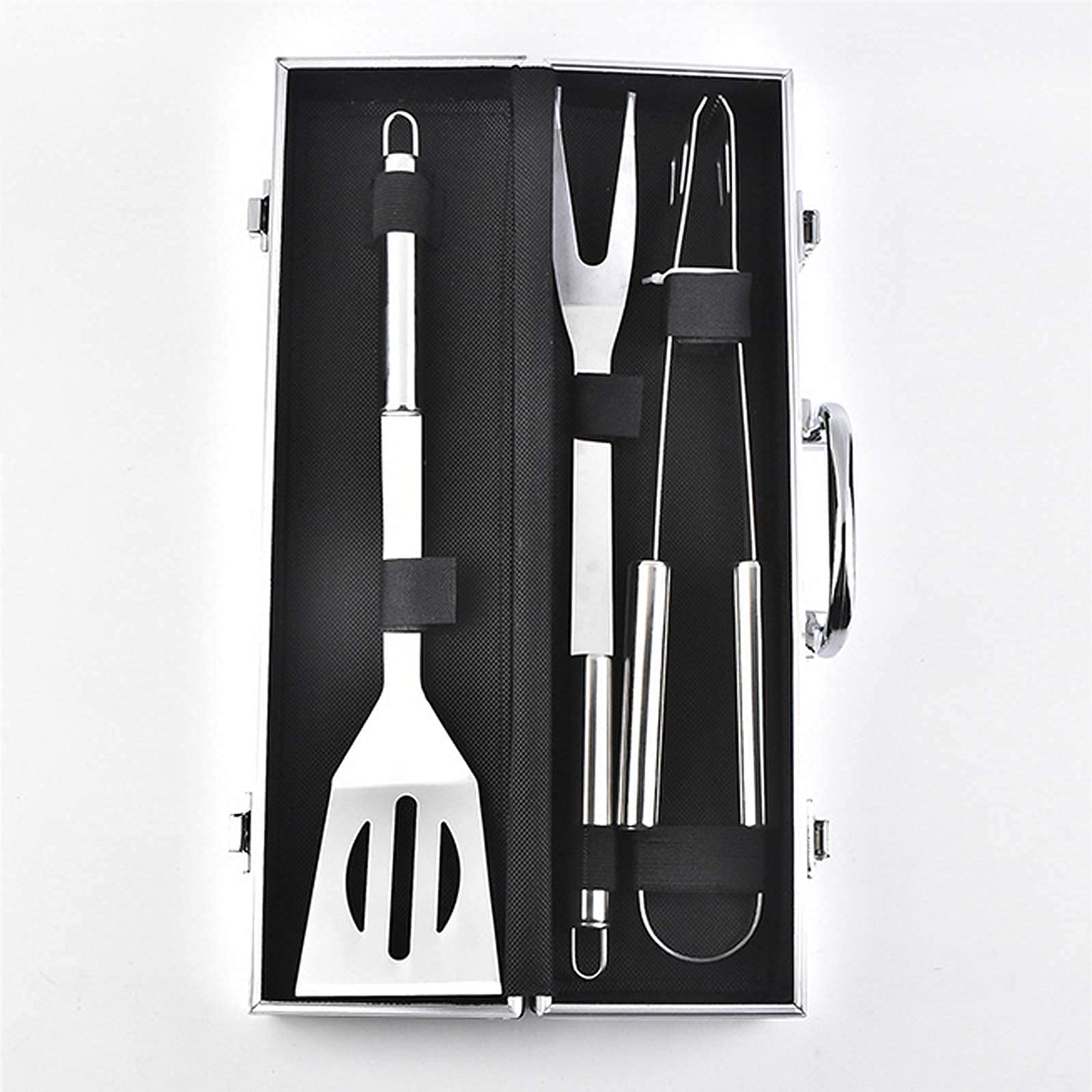 Juego de herramientas para barbacoa de acero inoxidable resistente, 3 piezas, juego de pinzas para barbacoa (espátula, tenedor, pinza) con estuche de almacenamiento portátil duradero, utensilios princ