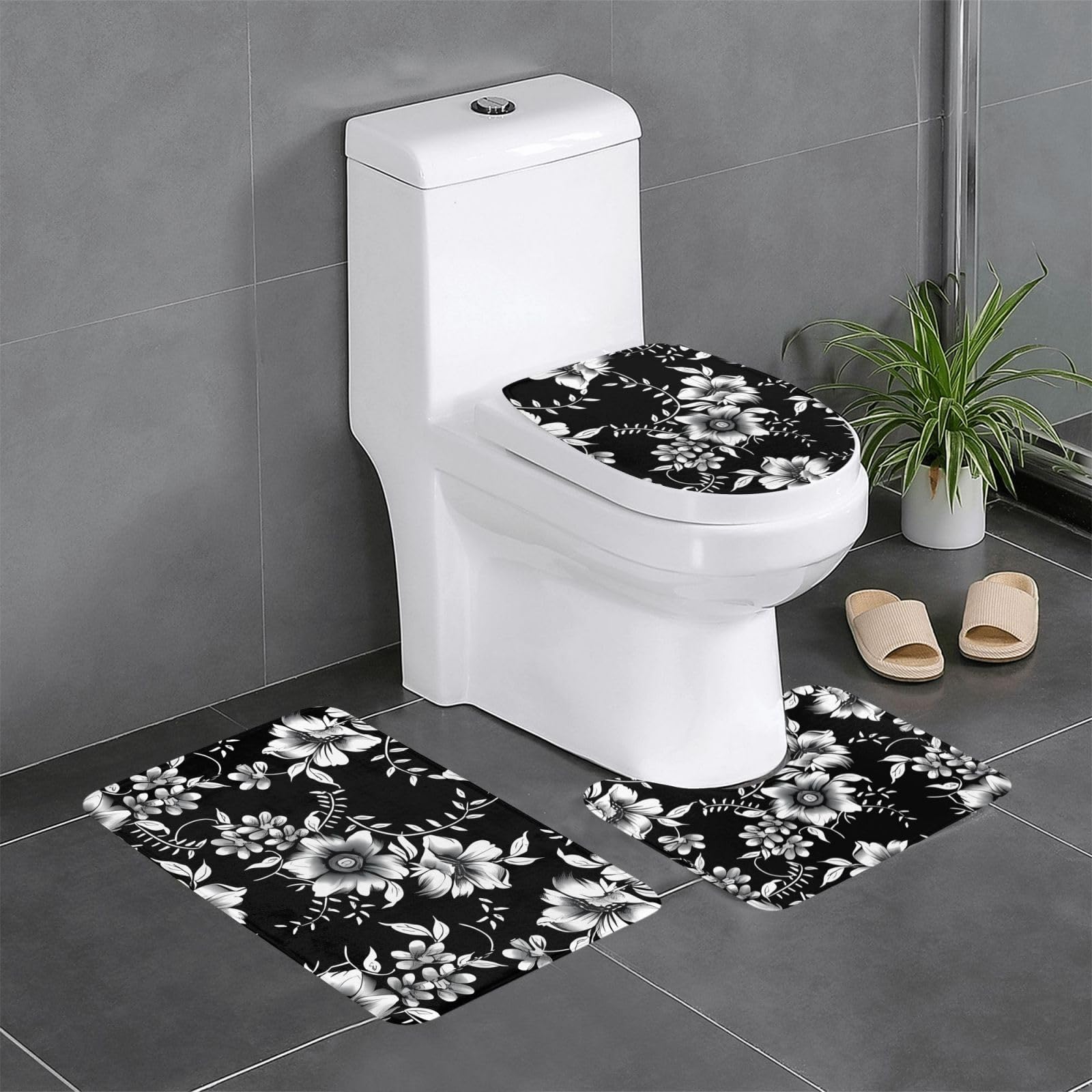 Tapis de sol noirs à fleurs pour salle de bain et cuisine (lot de 3 absorbants)