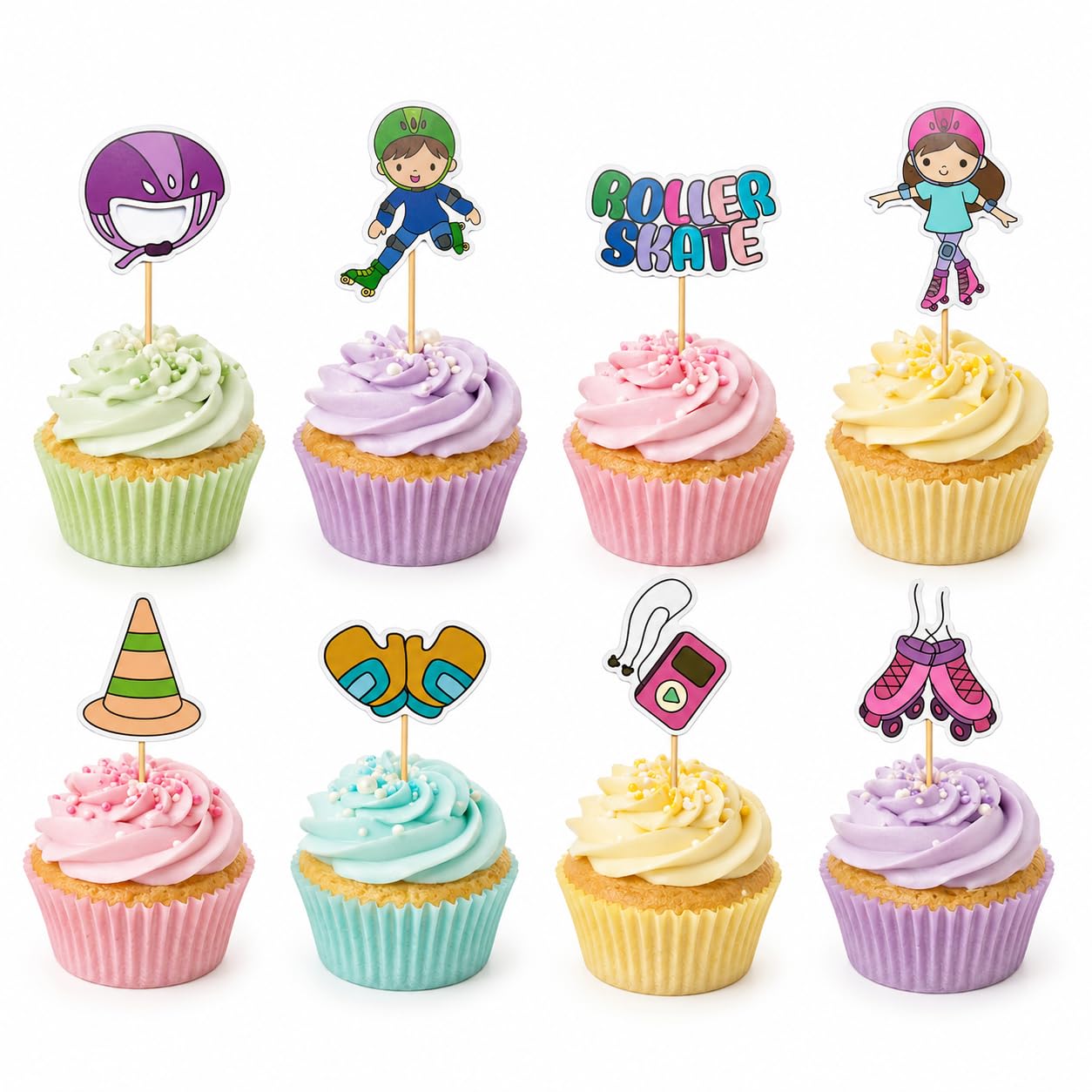 Arthsdite 24 Pcs Roller Skate Cupcake Toppers Skating Birthday Cake Decorations Helmet Skate Shoes Cone Medal Picks for Kids Girls Party Dessert Table Supplies