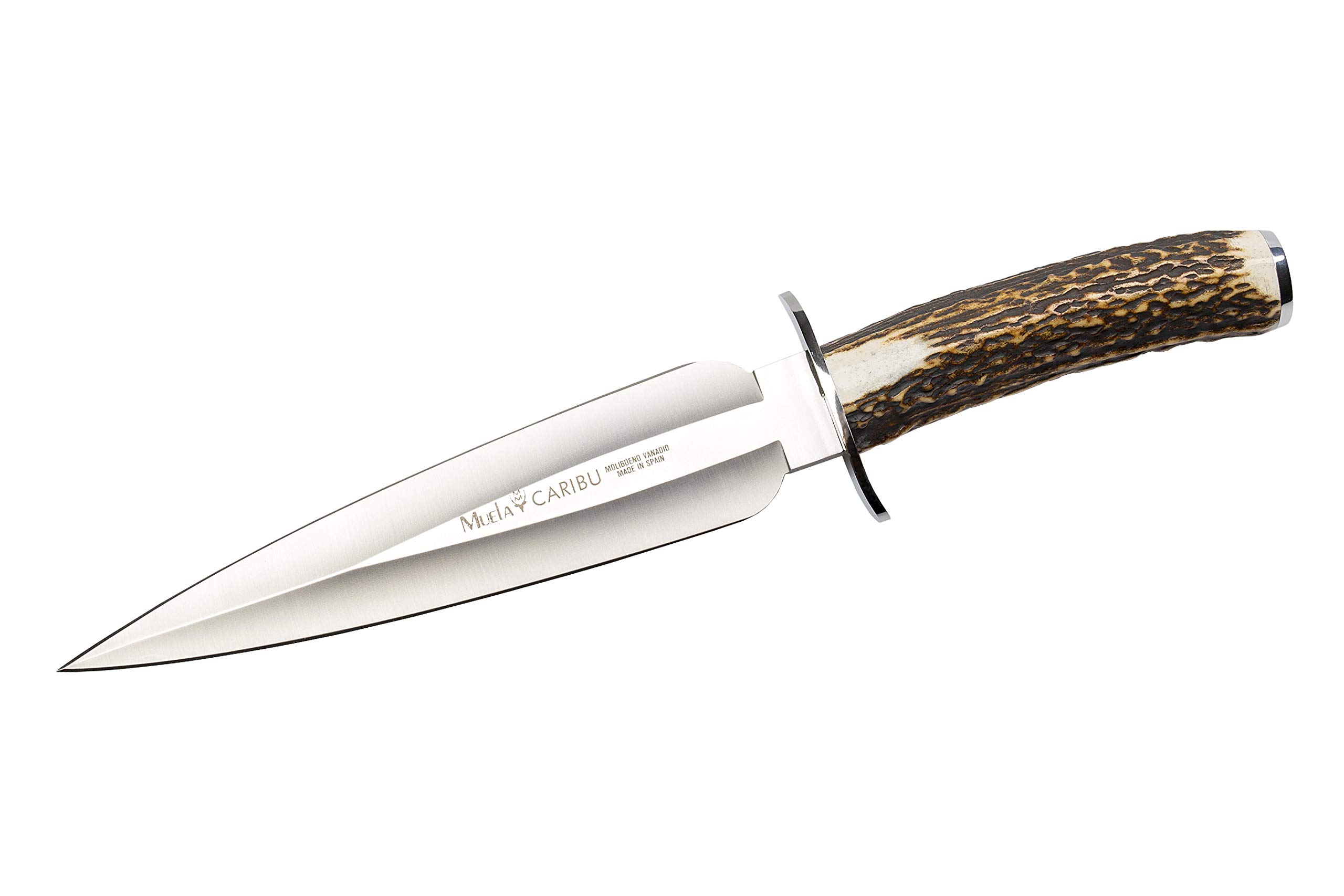 Muela Cuchillo CARIBU.A hoja de acero ACX-380 de 22 cm y empuñadura de asta de ciervo para Caza, Pesca, Supervivencia y Bushcraft Realizado en Ciudad Real + Portabotellas de regalo