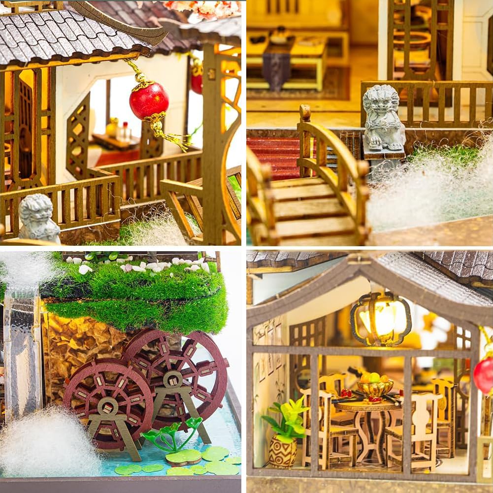 Kit per casa delle bambole in stile cinese, kit per casa delle bambole in legno con musica e luci a LED, kit fai da te per casa delle bambole in scala 1:24, casa in miniatura per adulti, regali di