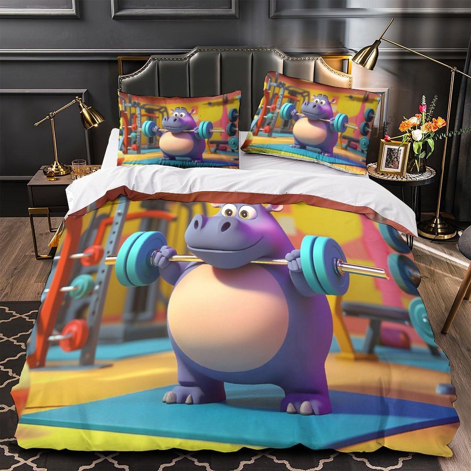 Housse de couette hippo microfibre douce parure de lit 1 place