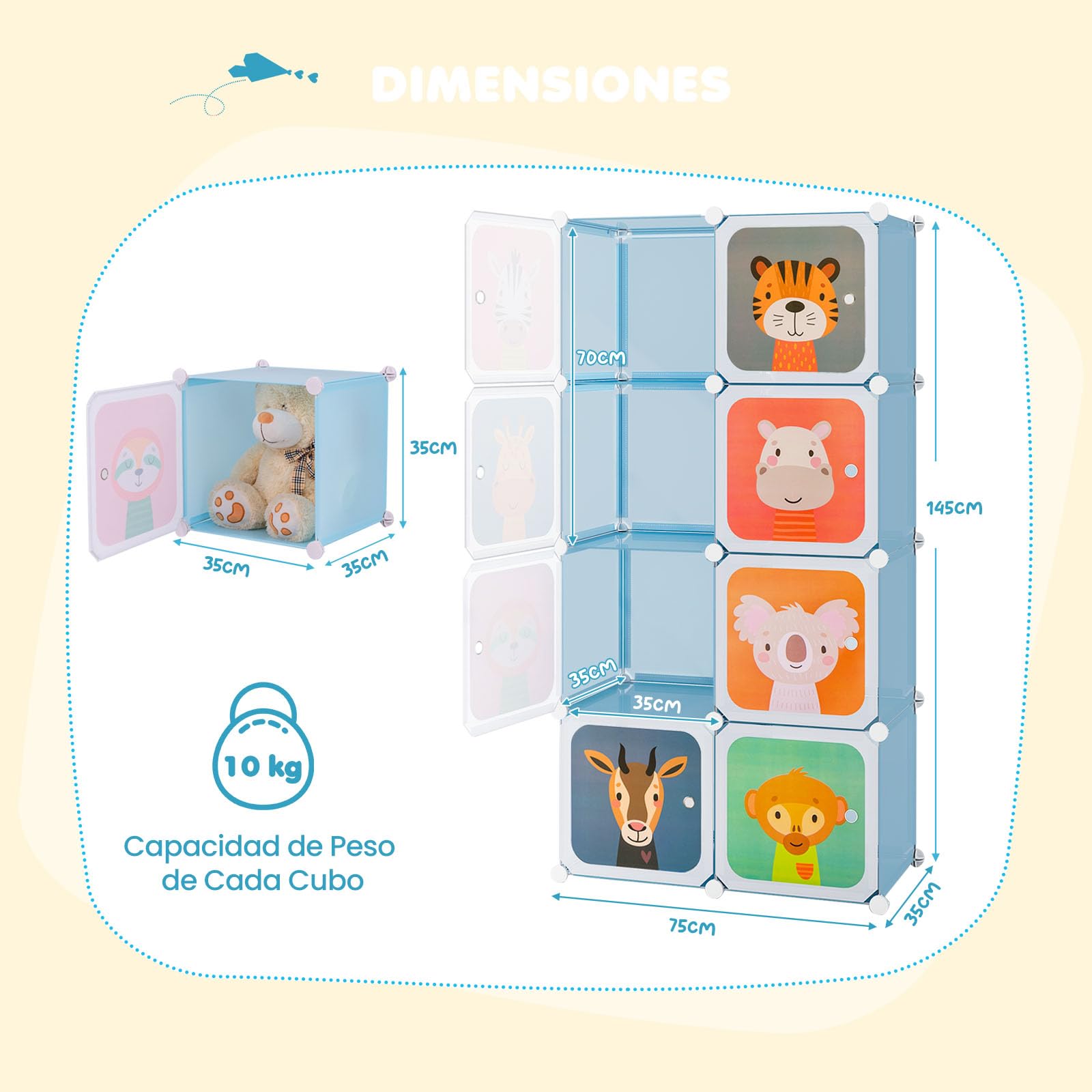 GOPLUS Armario Modular Infantil 8 Cubos Plásticos 35×35 cm Almacenaje Juguetes Barra Suspensión 75x35x145 cm Azul