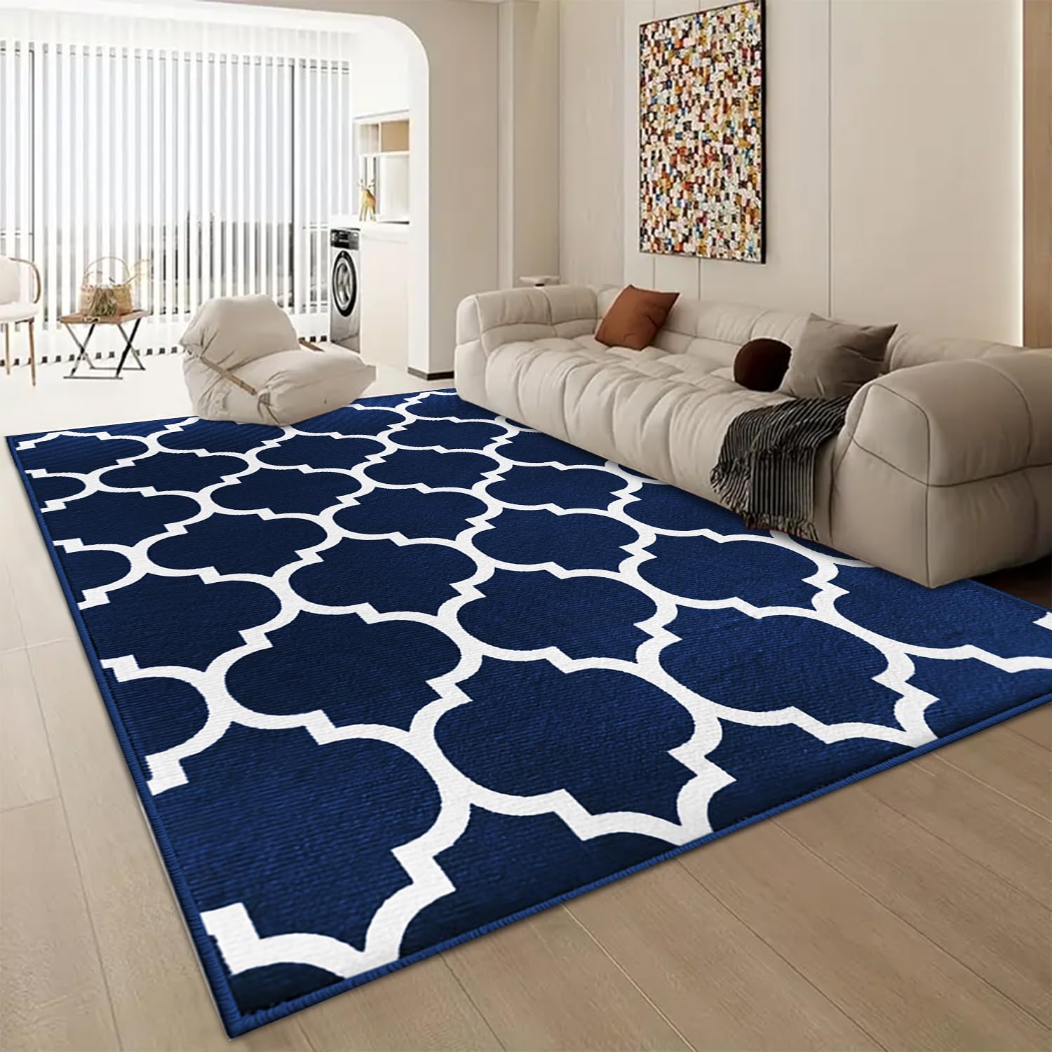 Aspire Homeware Rugs Living room Large 160x230 cm-Large Bedside Non-Slip Trellis Style Printed Crawling & Playing Anti-Slip Backing Short Pile Navy Blue Rug for Bedroom Lounge, Dinning Room (Ava Navy)