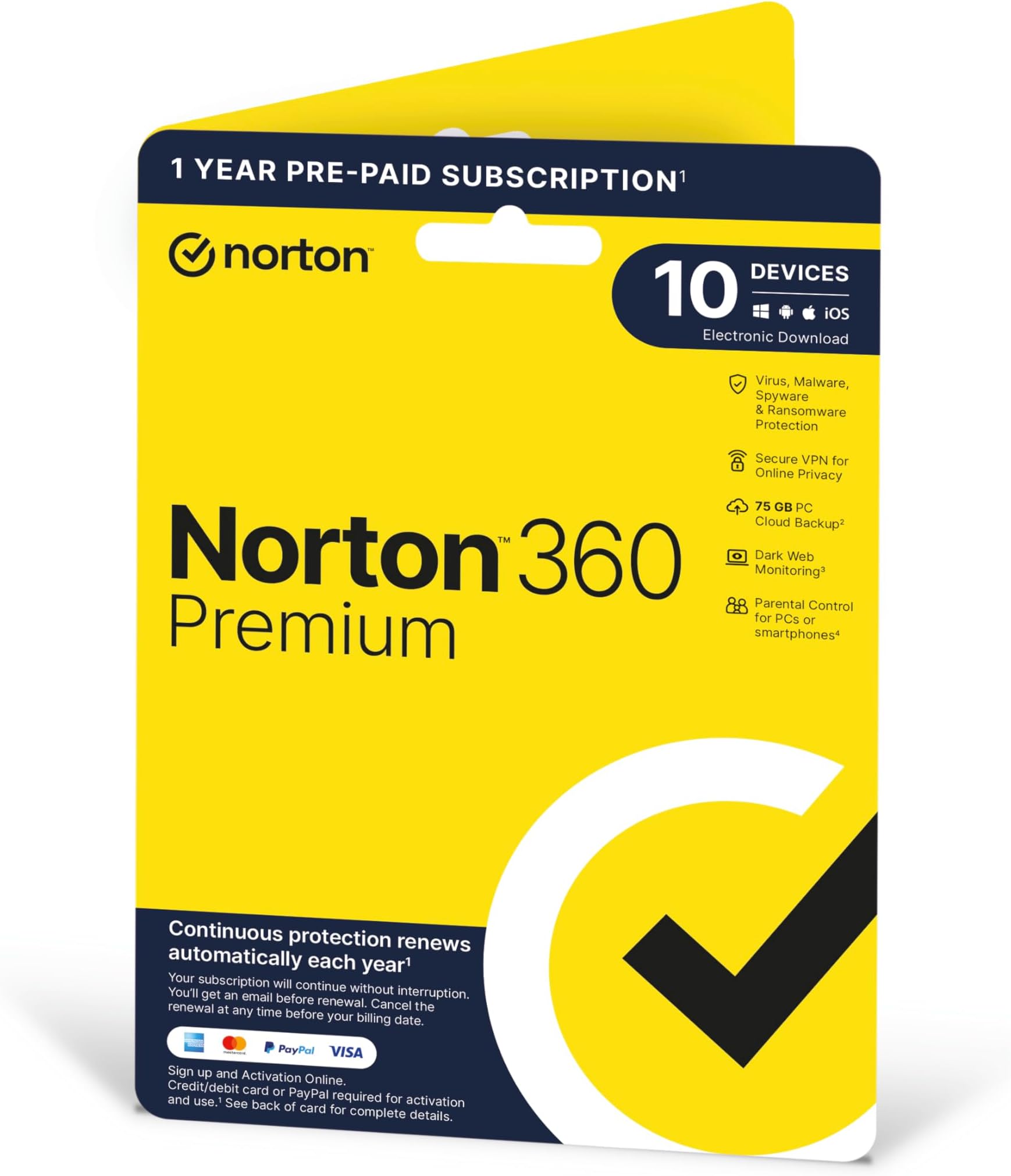 Norton 360 Premium 2023 10 Devices 1 Year with Automatic Renewal Includes Secure VPN Password Manager - PCs, Mac, Smartphones, Tablets by Post