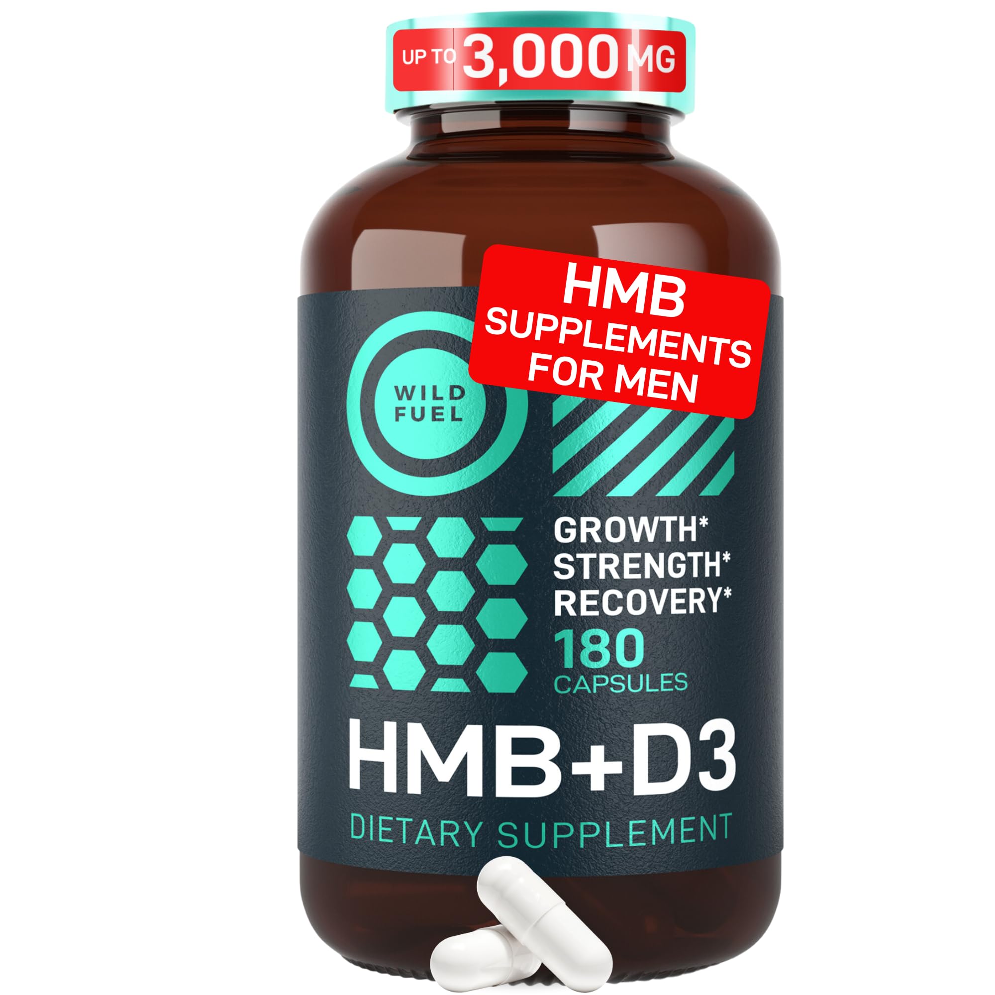 WILD FUEL HMB 1,000mg Per Serving, 90 Servings - Vitamin D3, Calcium Beta-Hydroxy Beta-Methylbutyrate HMB Supplements for Men & Women - Muscle Growth, Strength, Fast Workout Recovery - 180 Capsules