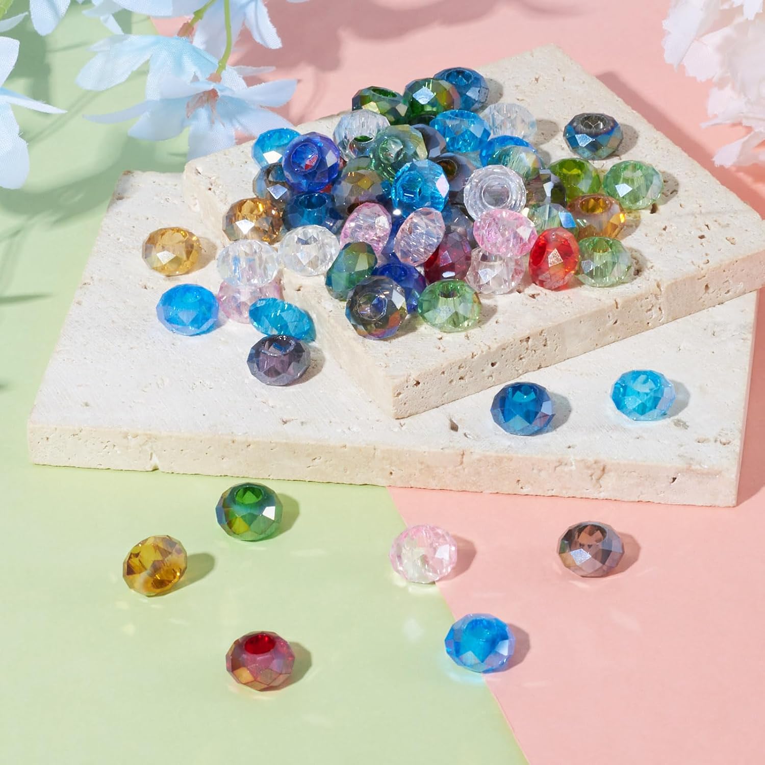 Cheriswelry 100pcs Faceted Rondelle Glass European Large Hole Beads AB Color No Metal Core Crystal Loose Spacer Beads Slide Charms 14x8mm Snake Chains Bracelet Beads for DIY Necklace Jewelry Making - Image 6