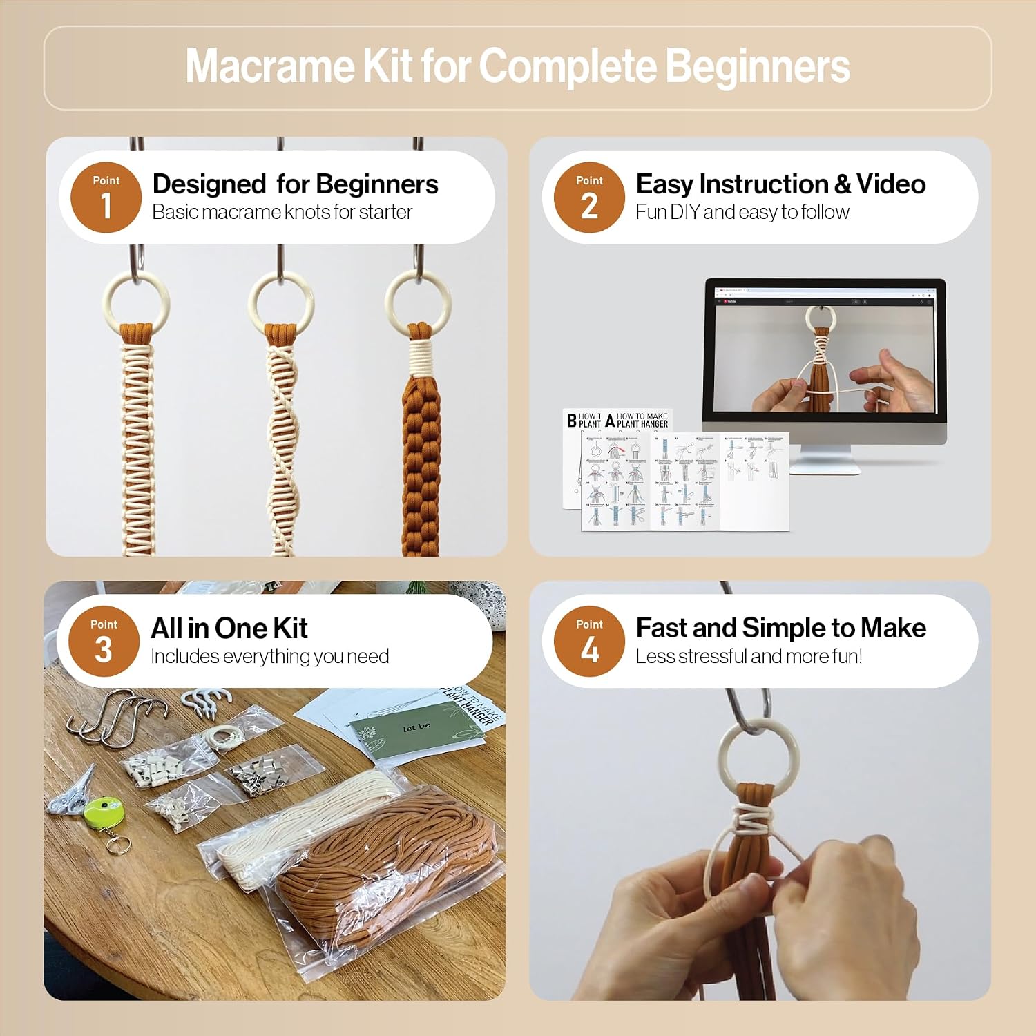 Macrame Kits for Beginners, 3 Set of Plant Hangers DIY Kit: Braided Polyester Ropes 50yds*5mm Burnt Orange, 20yds*2mm Ivory, 60+Pcs Supplies with Step-by-Step Easy Instructions (ORIV)