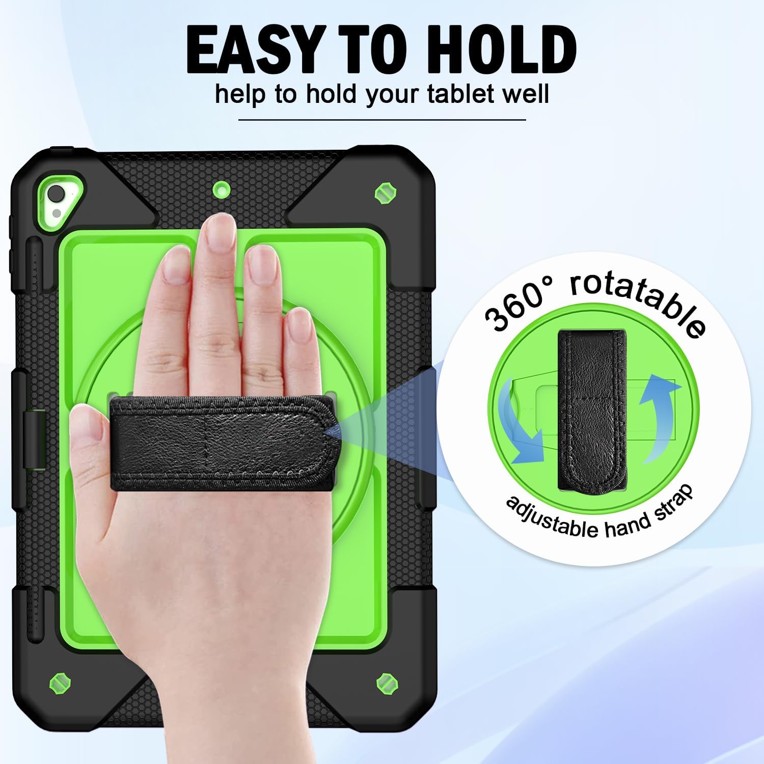 BMOUO Case for iPad 6th/5th Generation Case (9.7 inch, 2018/2017), 360°Rotating Stand, Hand/Shoulder Strap Shockproof iPad 9.7” Case for iPad Air 2, Black and Green