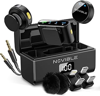 Novible – Wireless lapel microphone for iPhone, Android, Camera, PC – Lavalier with Noise Cancellation, 100 m Range – 25 h…