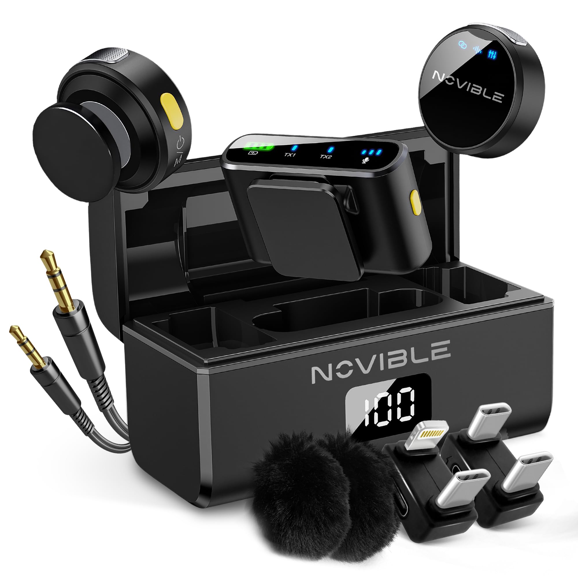 Microfono Lavalier Wireless per iPhone, Android, Fotocamera, PC - Audio Chiaro, Cancellazione Rumore, Portata 100 m - Autonomia 25 h con Custodia di Ricarica