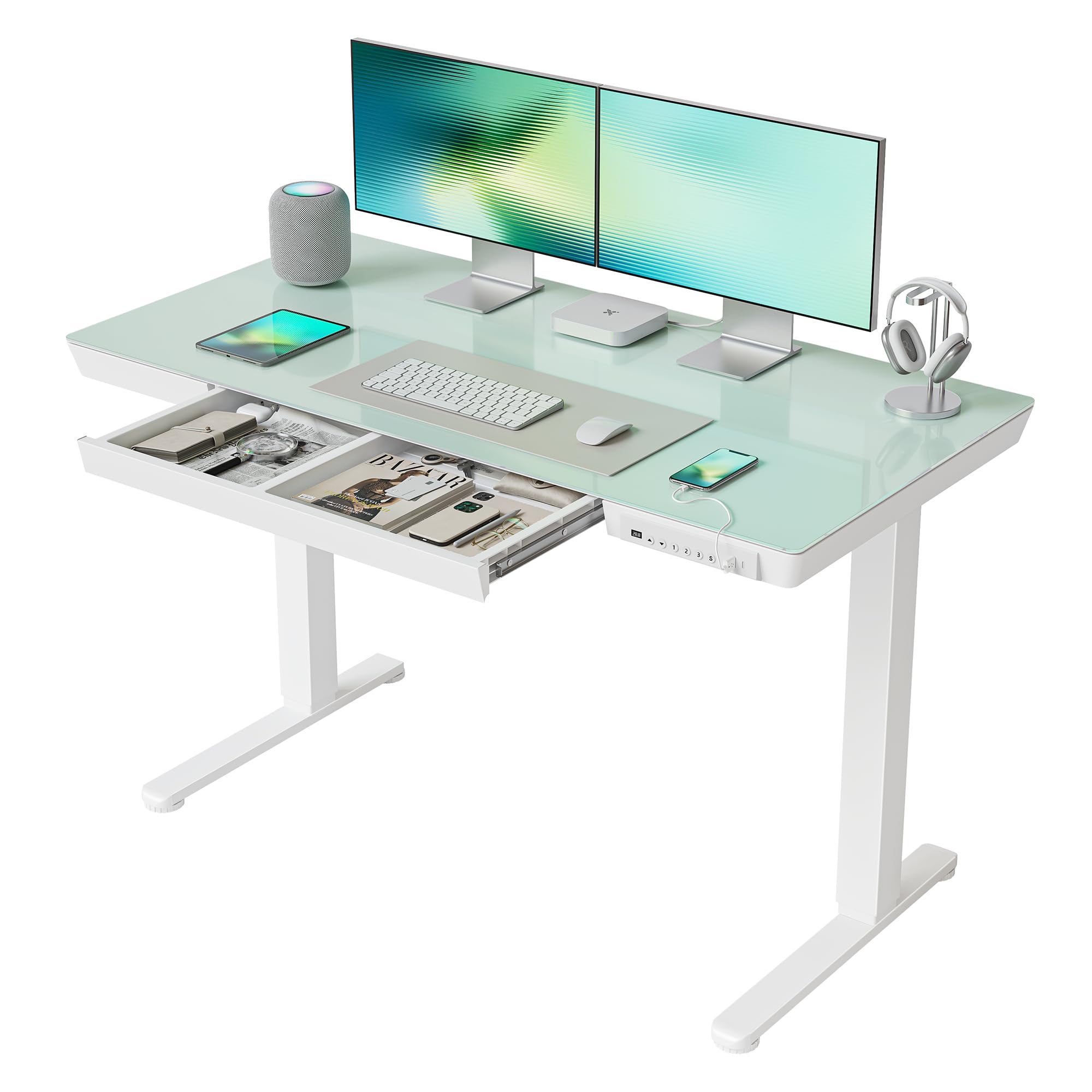CubiCubi 48 × 24 Whole-Piece Glass Standing Desk, One-Piece Quick Install Electric Adjustable Desk, White