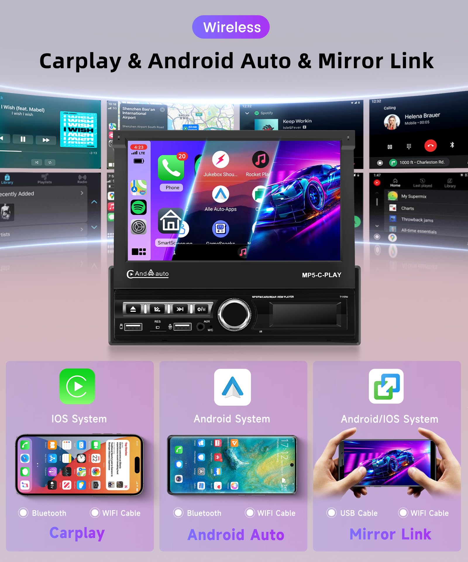 Rimoody Carplay Autoradio 2 Din met Android Auto Bluetooth handsfree 6,86 inch touchscreen autoradio met Mirror Link Bluetooth FM/USB/AUX/TF/Type C/EQ /DVR stuurbediening achteruitrijcamera