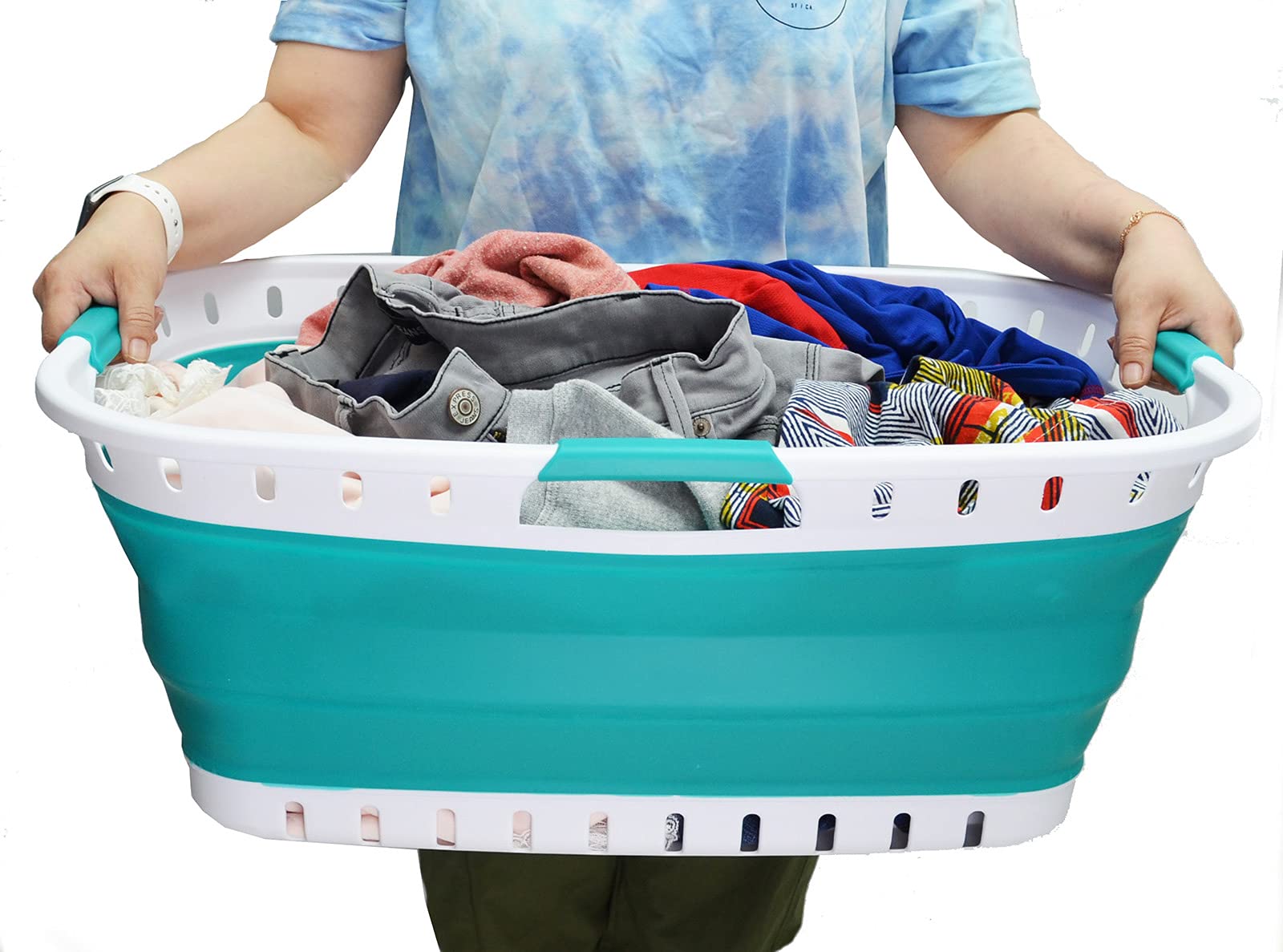 SAMMART Cesta plegable de plástico para la colada de 44 litros, plegable, organizador de almacenamiento, lavadero portátil (1, blanco/azulado-verde), Talla: 64,5 x 44 x 26 cm