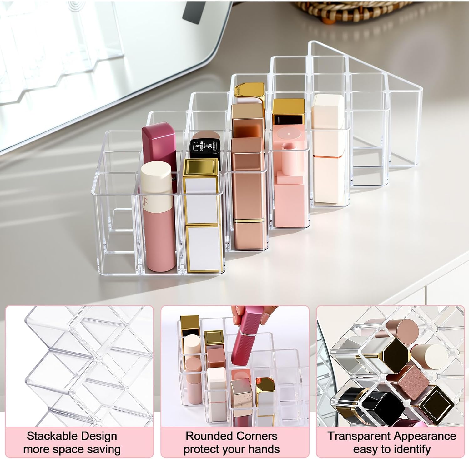 Hoolerry 4 Pack Acrylic Lipstick Holder Organizer 112 Slots Clear Lip Gloss Holder Organizers Stackable Lipsticks Tower Lipstick Case Display Stand Storage Box for Makeup Cosmetic Vanity(Fish Shape)