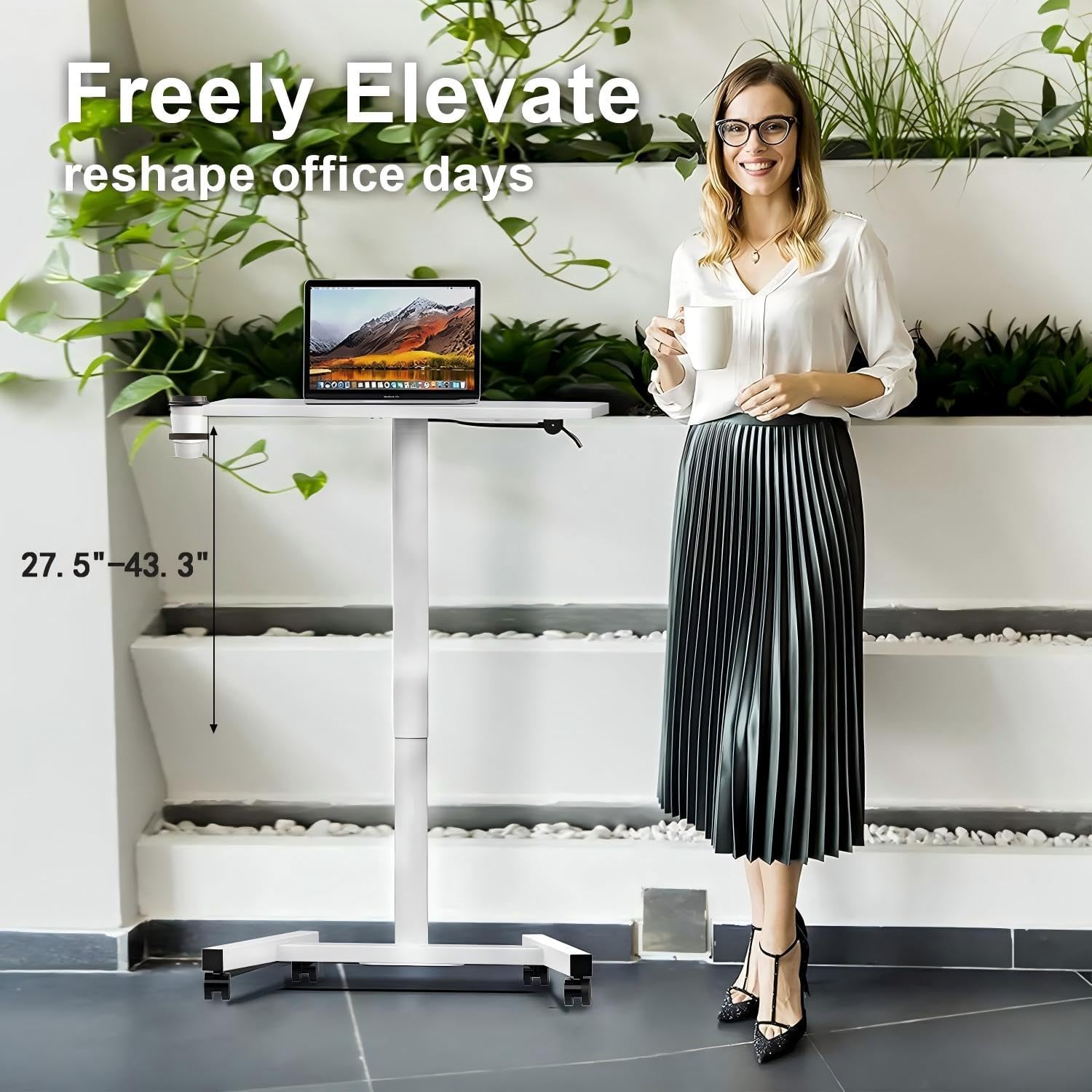 28-Inch Mobile Standing Desk, Computer Workstations with Cup Holder, Portable Standing Desk with Lockable Wheels, Rolling Table for Home Office Classroom Hospital (Snow-White, Steel Classic)