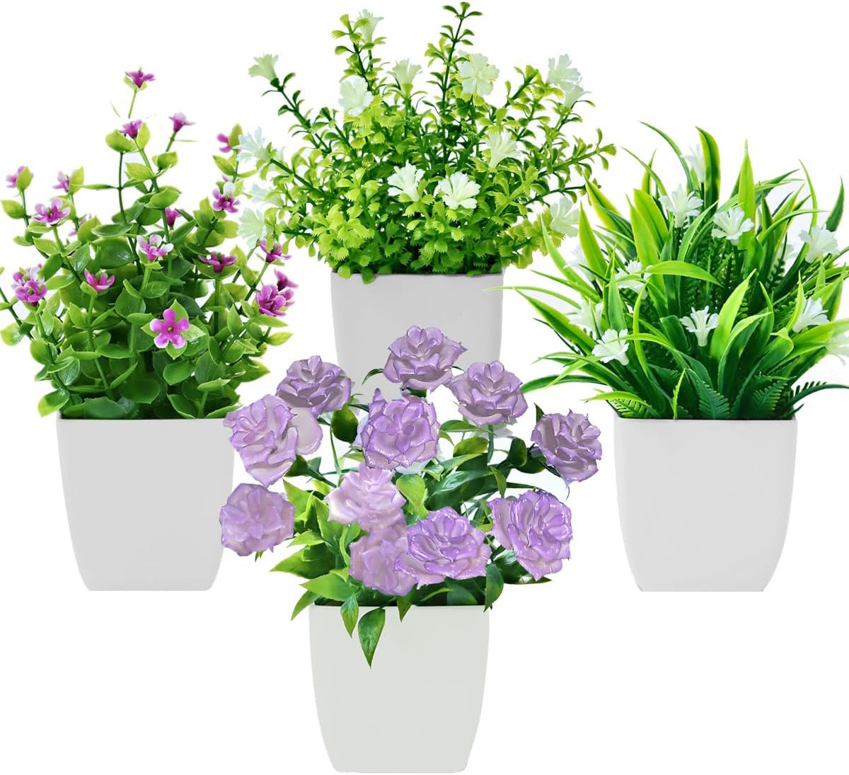 Bafenli 4 Packs Mini Artificial Plants with Pot Small Fake Plants with Flowers for Home Office Table Room Bathroom Decor Indoor