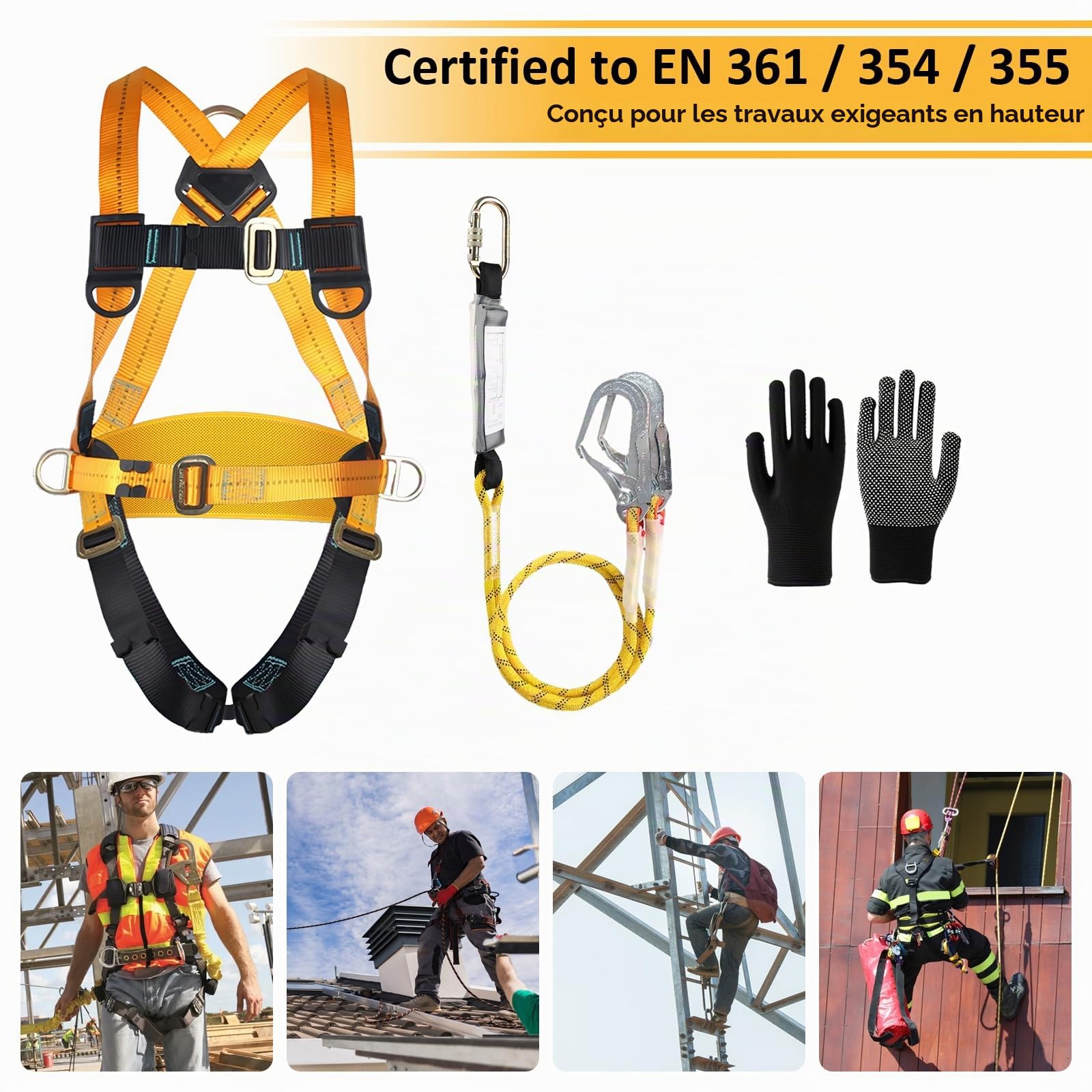 Harnais de sécurité antichute avec double longe et crochets, harnais anti chute intégral réglable pour homme, travaux en hauteur, escalade, toiture, extérieur, charge 100 kg, conforme EN 361/354/355