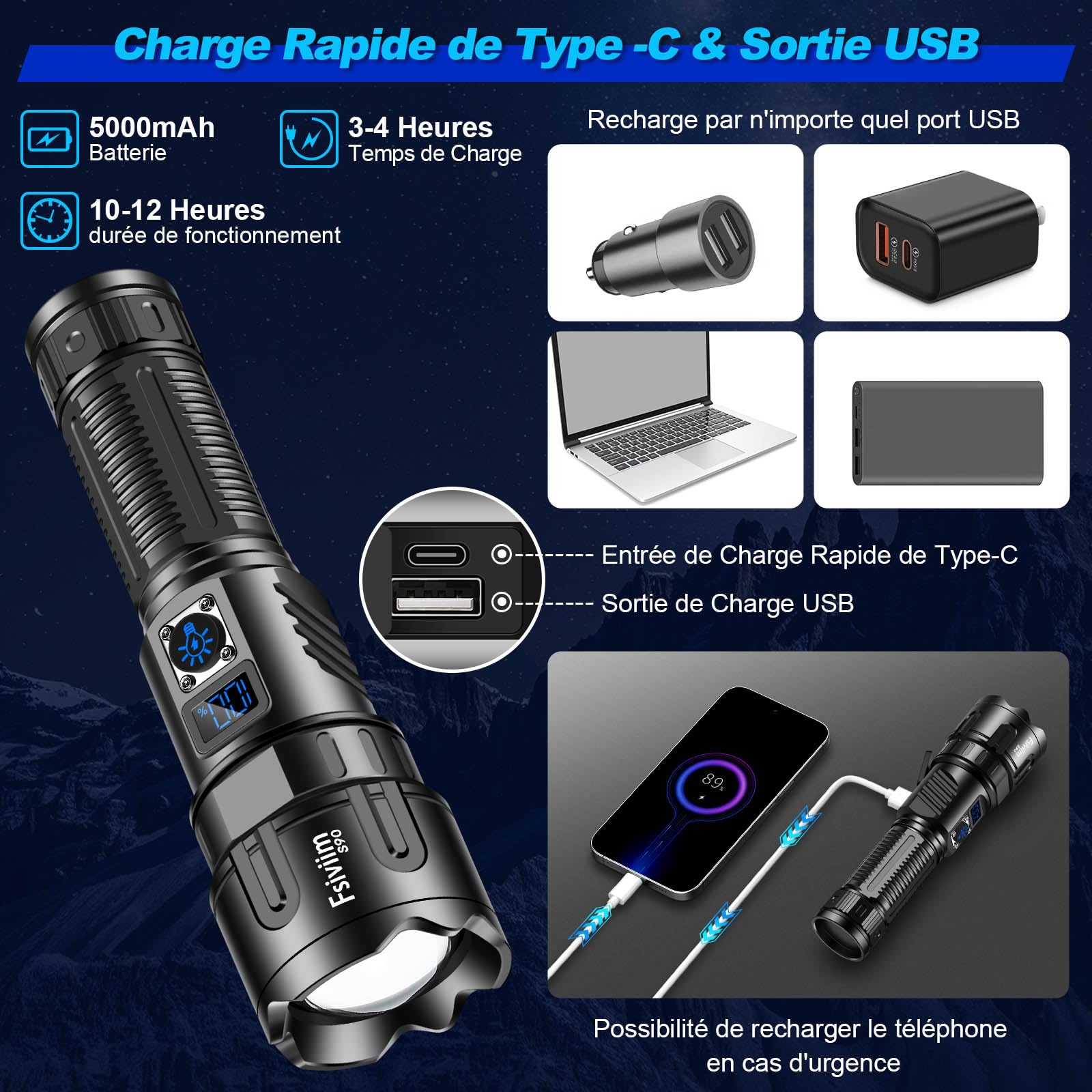 Lampe Torche LED Ultra Puissante, 1000,000 Lumens Lampe Torche rechargeable, lampe torche tactique, longue portée, 5 Modes D'éclairage, Zoomable, Pour Camping