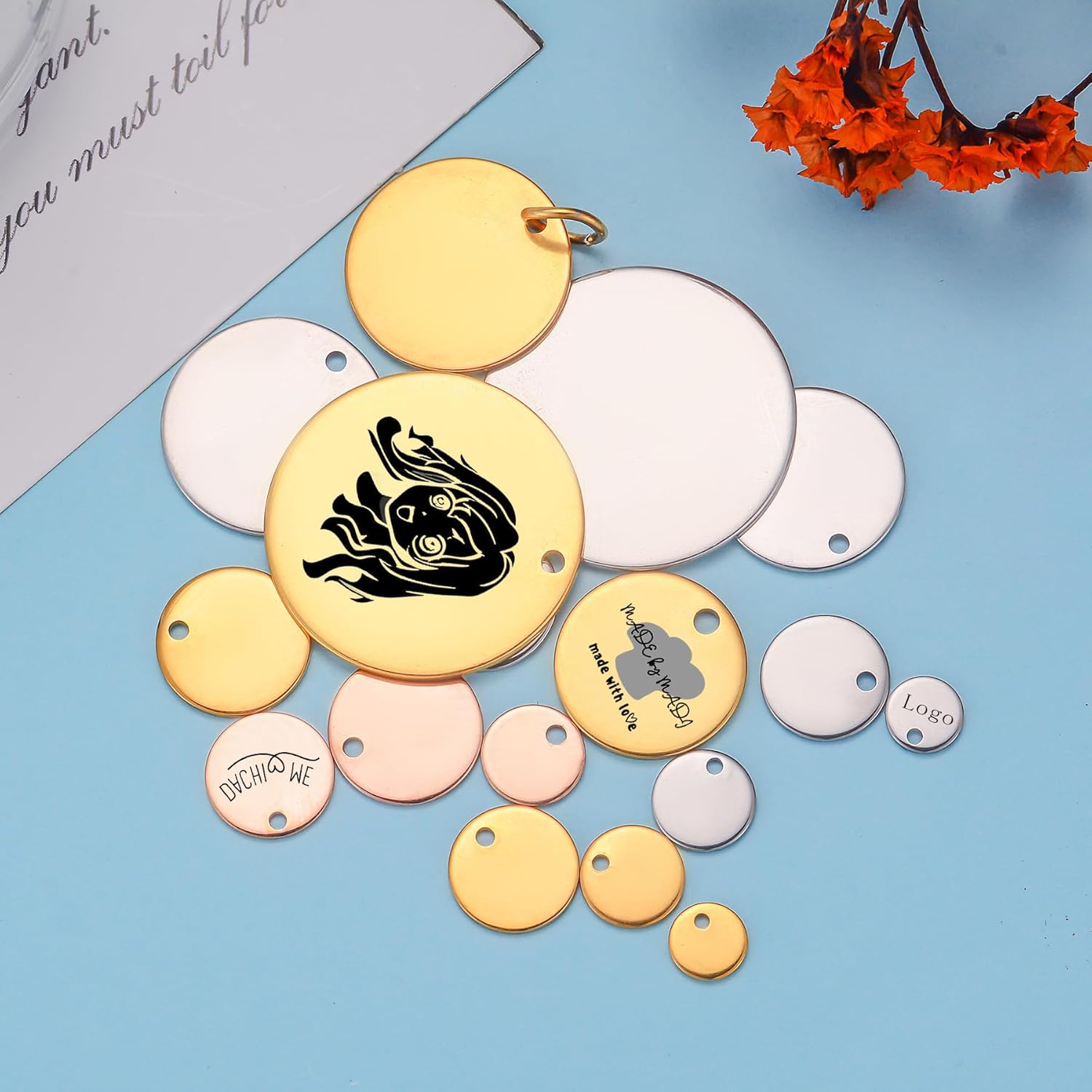 MeiceM 20-100 Pcs Custom charm bracelet necklace,laser engrave charms,Jewelry Making round Charms for Necklace Pendant,custom 6mm-20mm Circle Sliver,Gold,Rose Gold engrave Text/Logo - Image 5