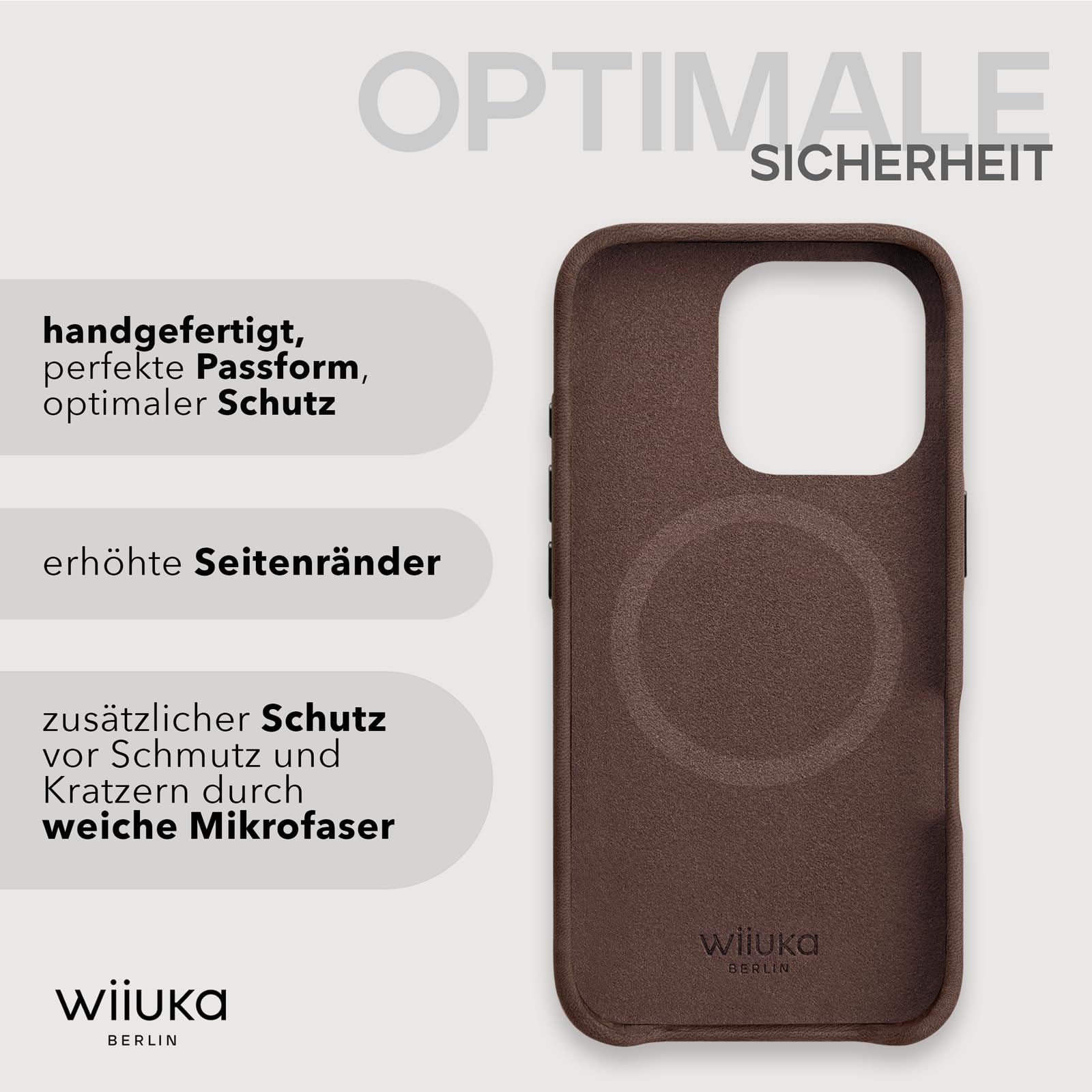 WIIUKA Hülle für iPhone 16 Pro, Leder aus Deutschland, Lederhülle extra Dünn, Premium Handyhülle, Case, Qi, skiin More, Vintage Braun