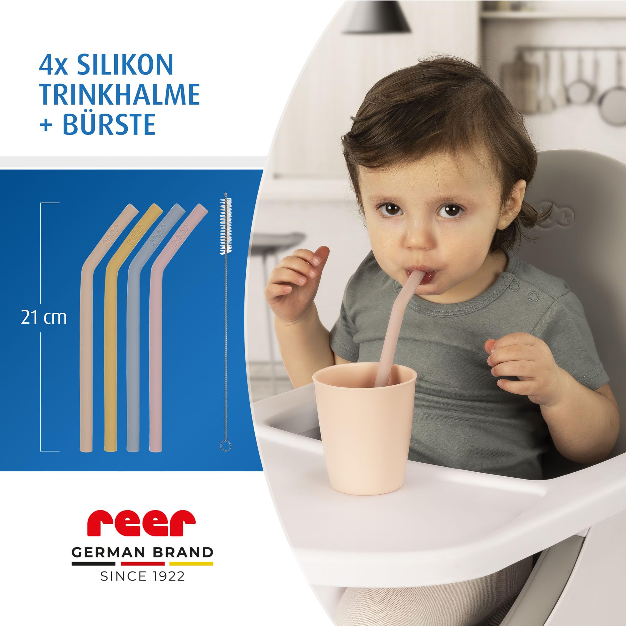 reer Silikonowe słomki dla małych dzieci i dzieci | od 24 miesięcy | zestaw 4 słomek w kolorowych kolorach | w zestawie praktyczna szczotka do czyszczenia