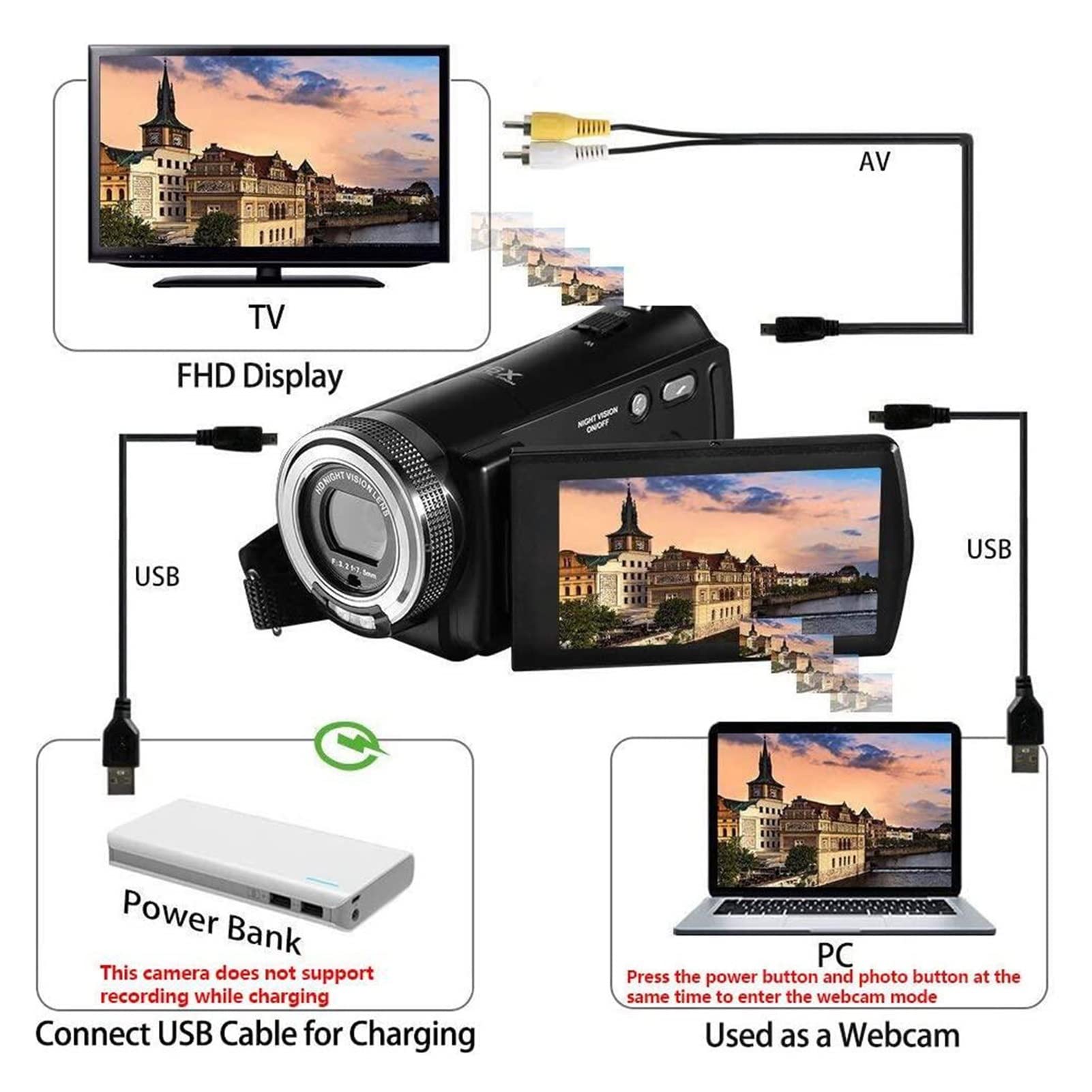 Videocámara con cámara de vídeo Video Camera 4K CAMCORDER COMPLETA HD V12 1080P Recordadora de cámaras de zoom digital de visión nocturna infrarroja for videos de grabación de grabación Videocámara di